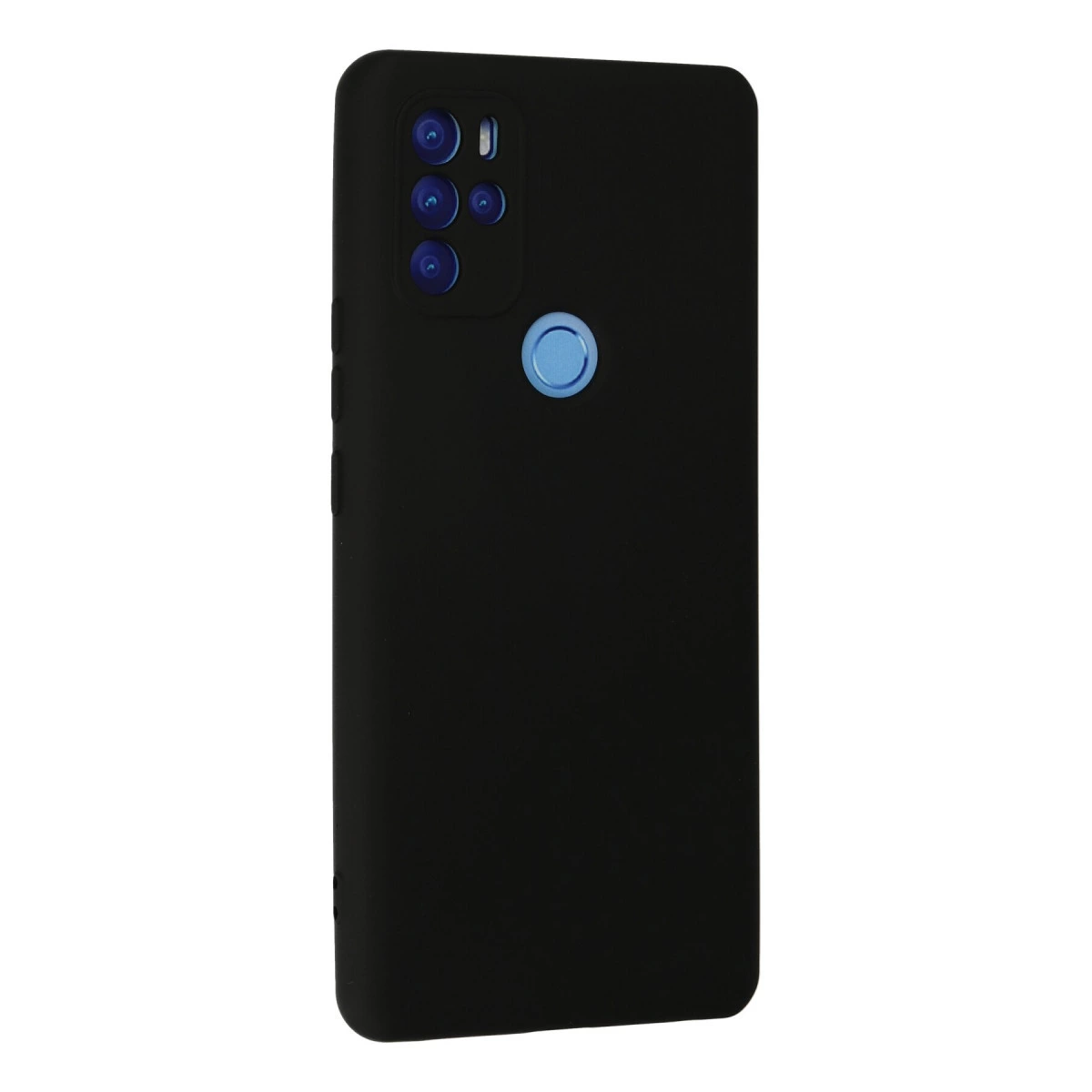 Kamera lensli ve mavi parmak izi sensörlü siyah akıllı telefon.