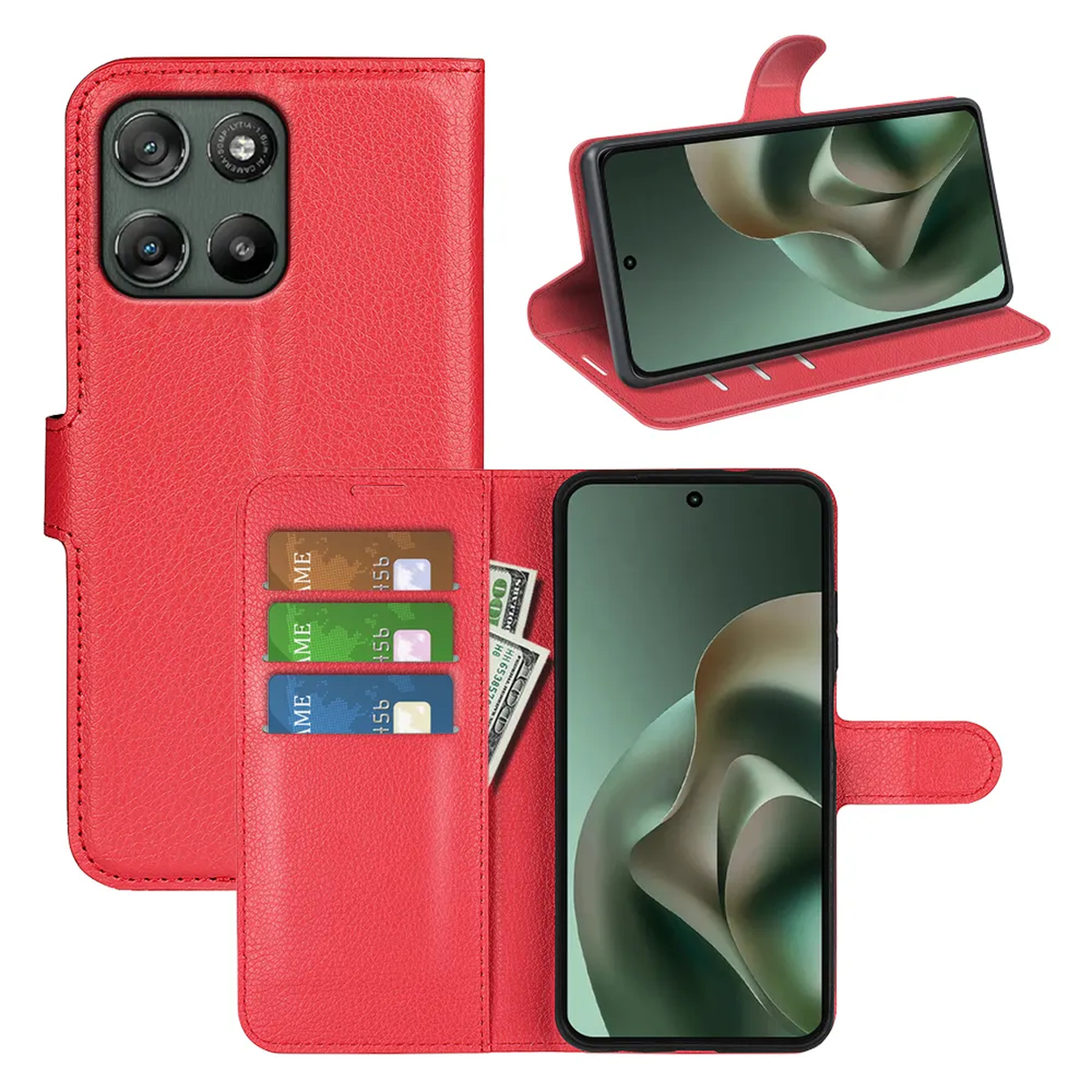 Rode leren telefoonhoes met kaartsleuven, contant geld en telefoon.