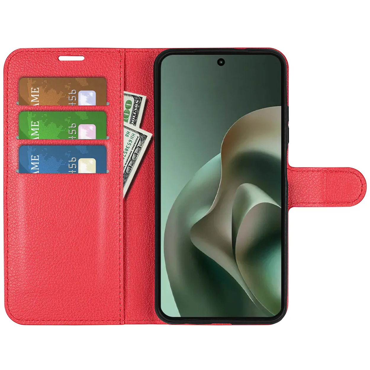 Rode leren flipcase met telefoon, 3 kaarthouders en bankbiljetten.