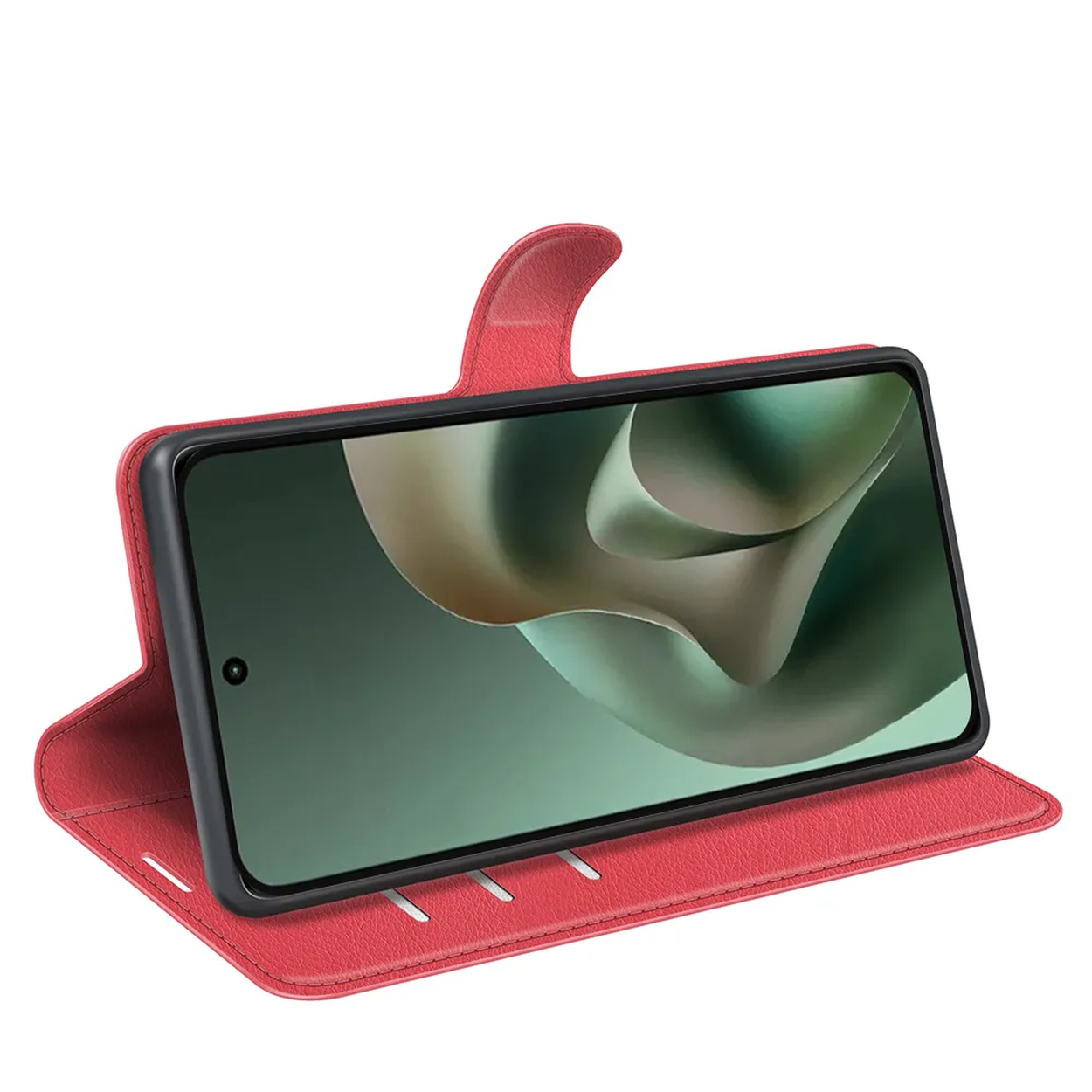 Een rode smartphone flipcase met een telefoon erin.