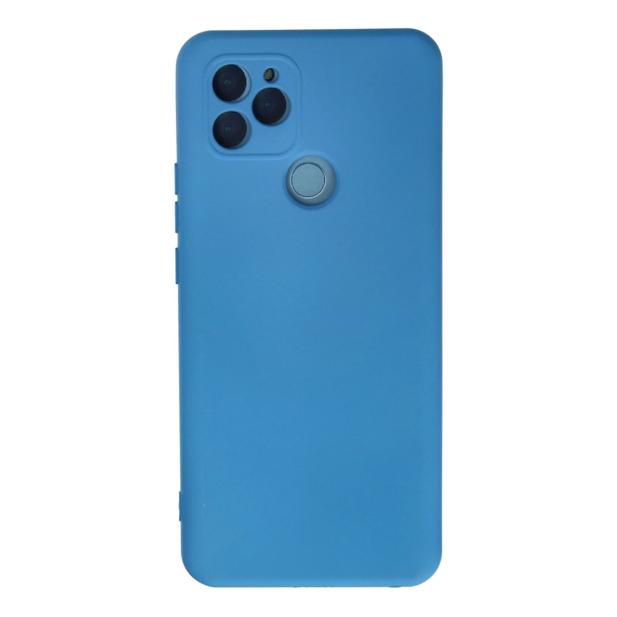 Üçlü kamera ve parmak izi sensörlü mavi telefon kılıfı.