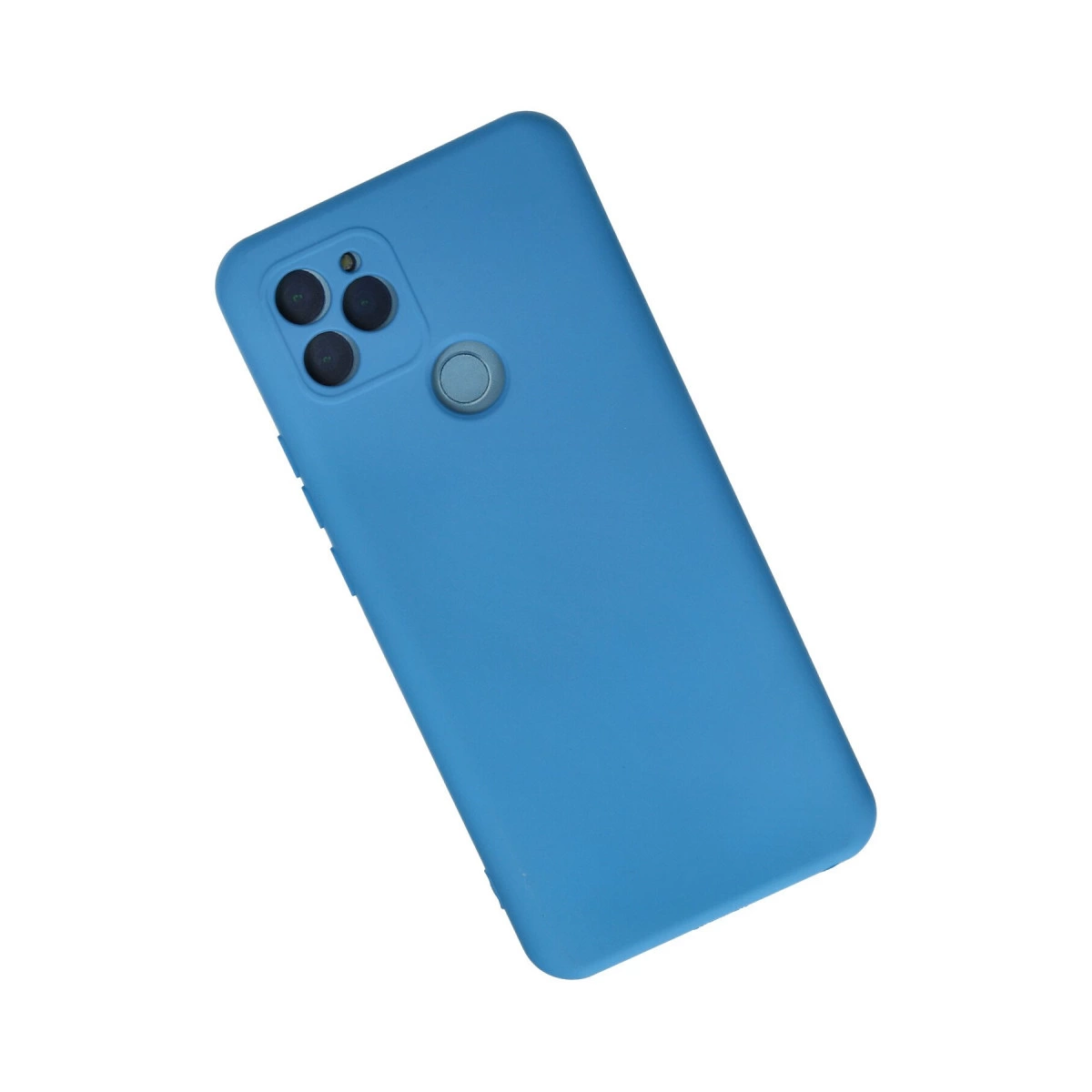 Üç kameralı ve parmak izi sensörlü mavi telefon kılıfı.