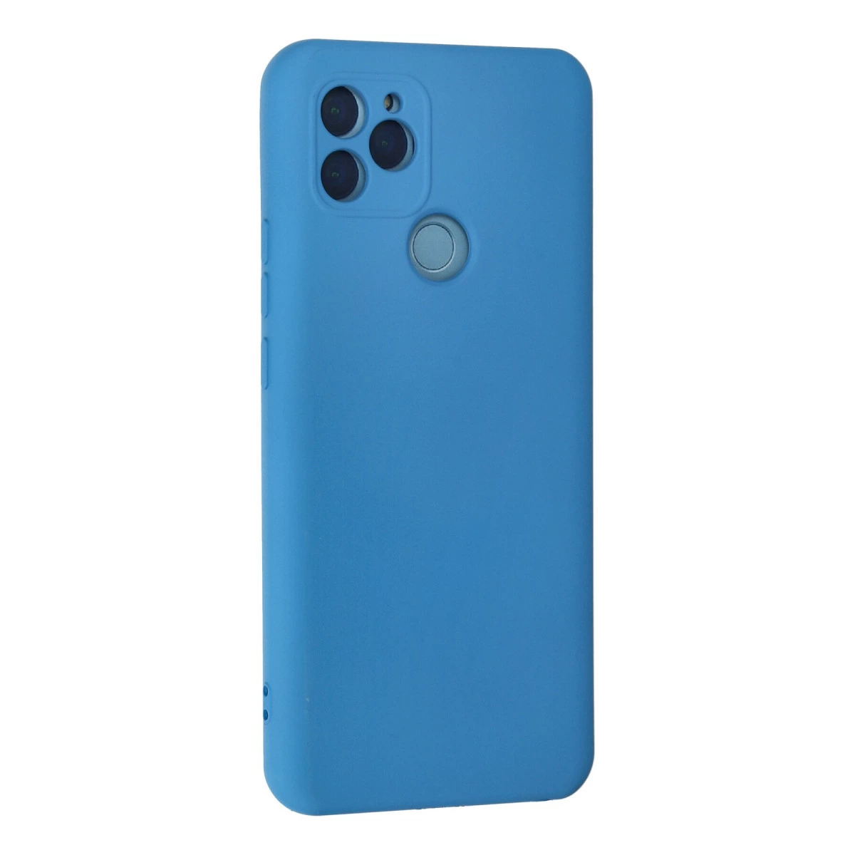 Mavi telefon kılıfı, kamera ve parmak izi sensörü kesikleri.