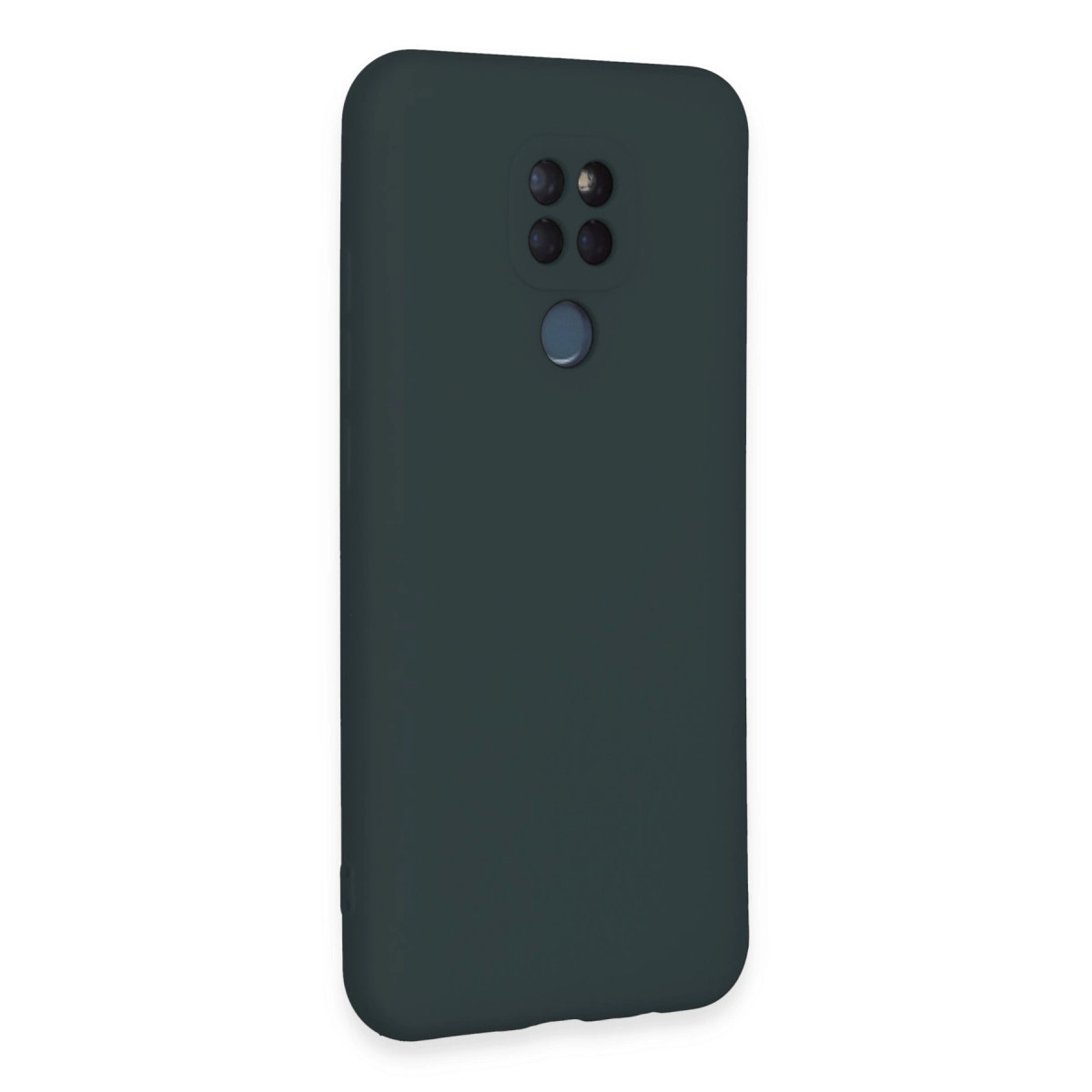 Dört kameralı ve arkada parmak izi sensörlü koyu gri telefon.