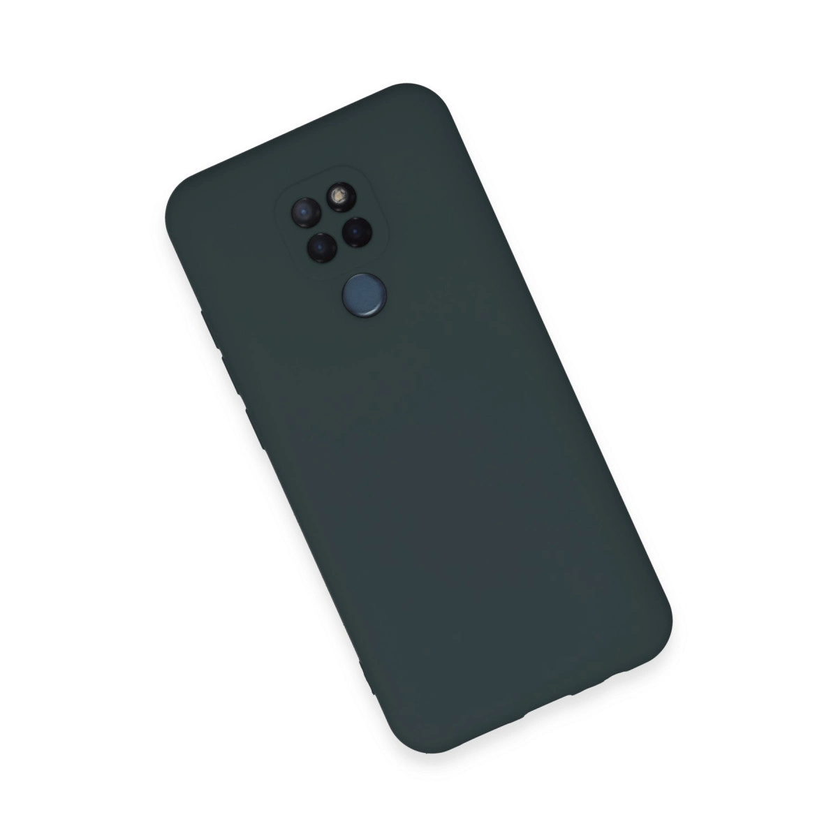 Dört kameralı ve arkada parmak izi sensörlü koyu gri akıllı telefon.