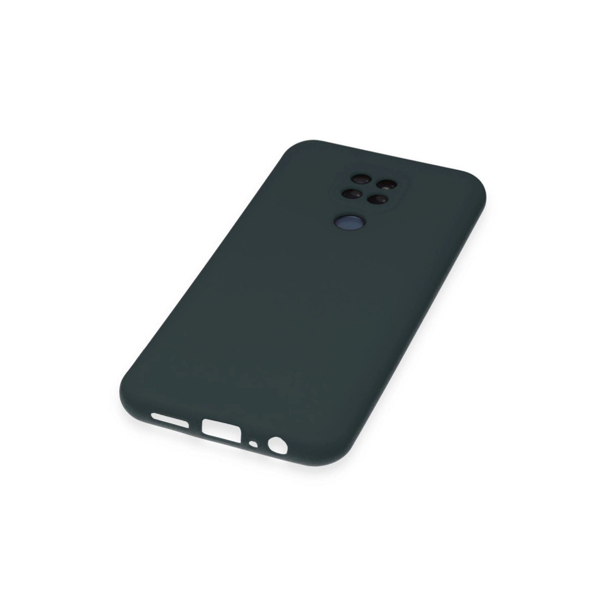 Koyu gri telefon kılıfı, kamera kesiği ve port açıklıkları, beyaz arka plan.