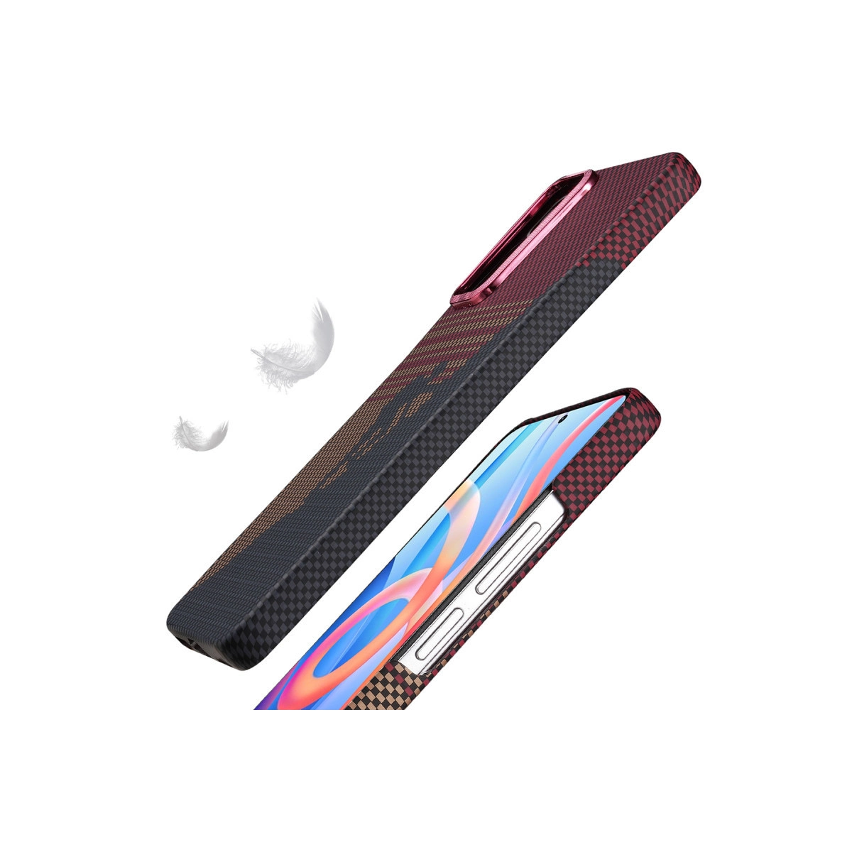 Kırmızı kareli kılıflı bir telefon ve tüyler.