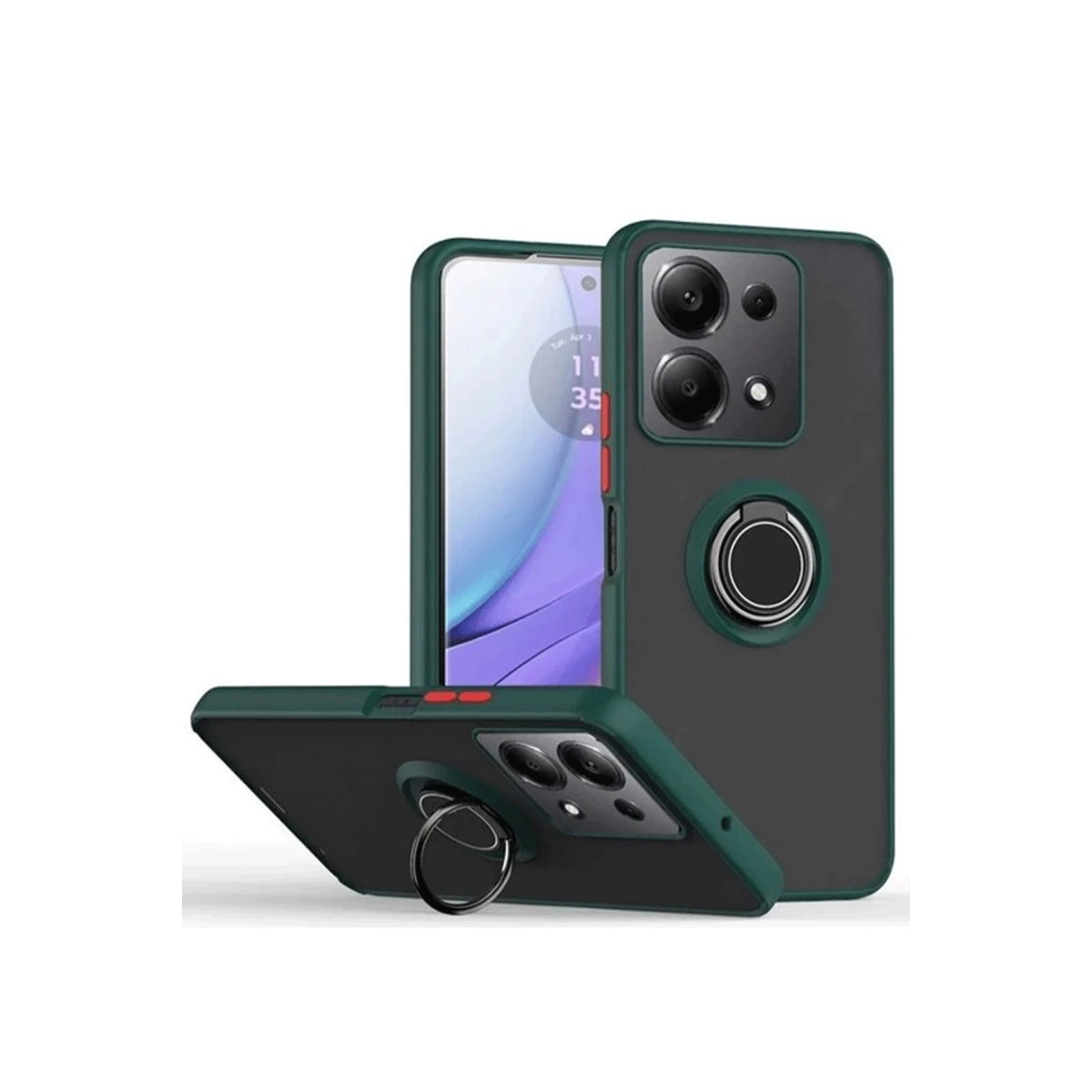 Beyaz arka plan üzerinde halka tutuculu üç koyu yeşil telefon kılıfı.