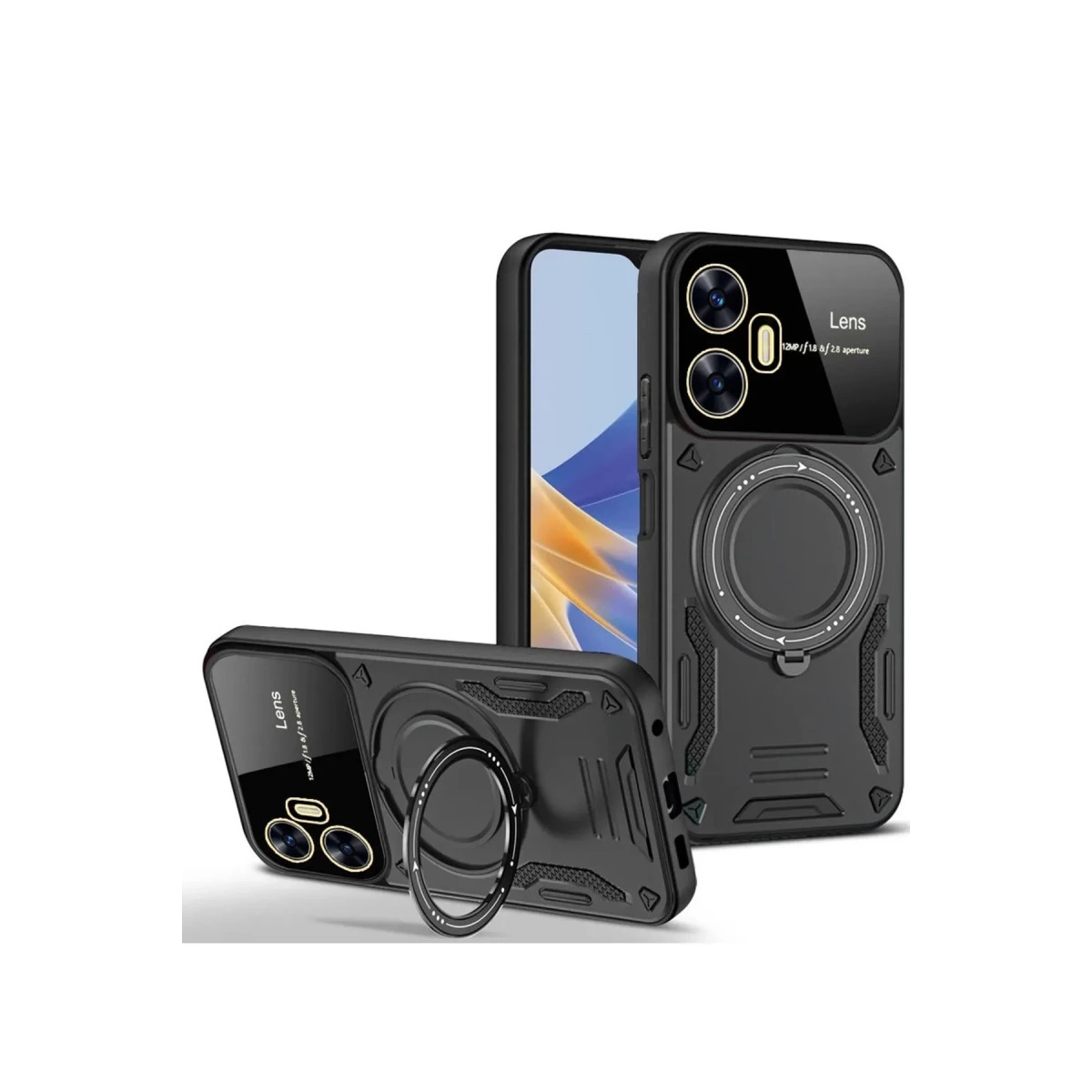Beyaz arka plan üzerinde kamera lens detayları ve halka tutucularıyla iki siyah telefon kılıfı.