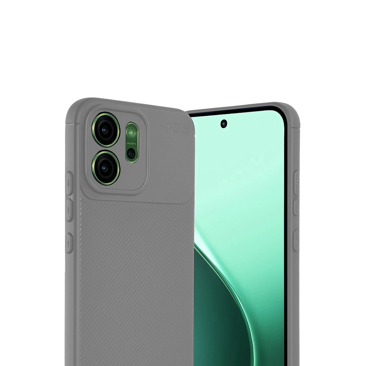 Kamera oyuntulu gri telefon kılıfı ve yeşil ekranlı bir akıllı telefon.