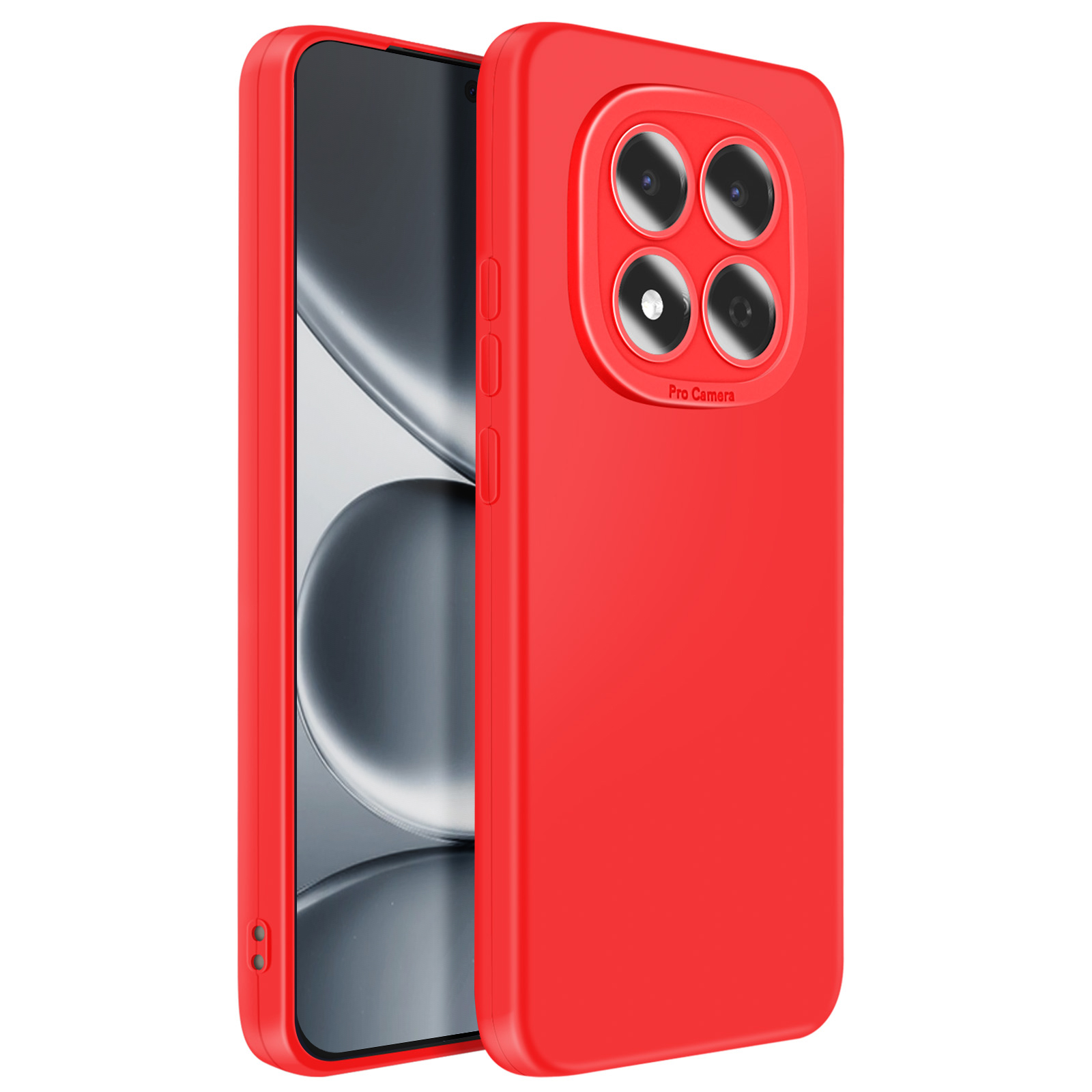 Coque de téléphone rouge avec design quadruple appareil photo et inscription Pro Camera.