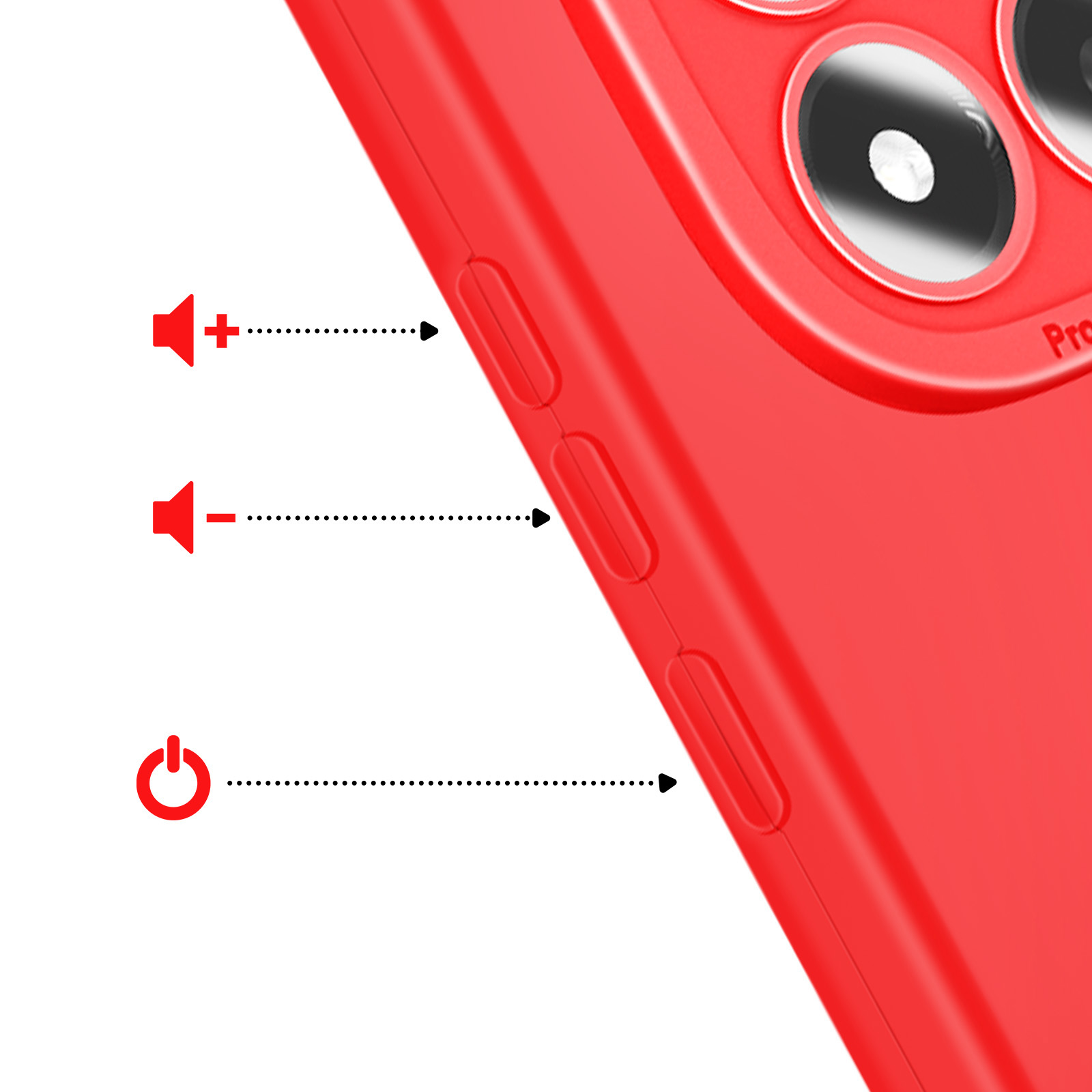Coque de téléphone rouge montrant les étiquettes des boutons volume et alimentation.