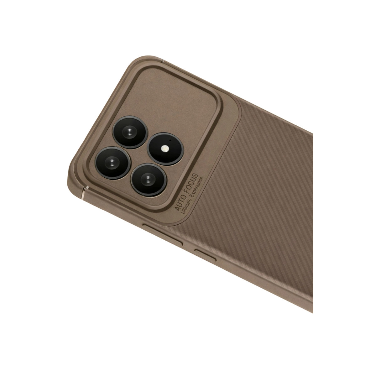 Üç kamera lensli ve oluklu dokulu kahverengi telefon kılıfı.