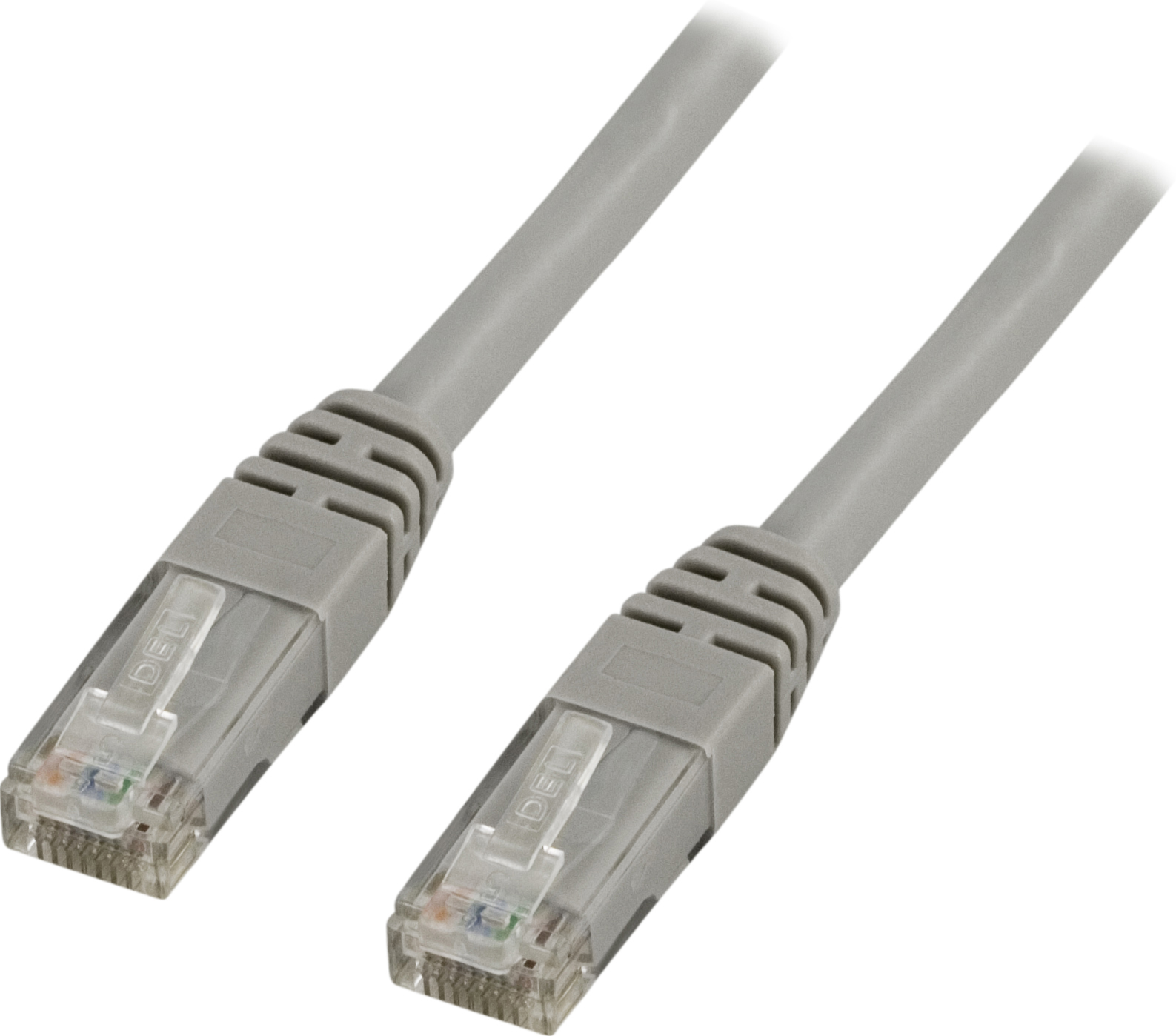 Zwei graue Netzwerkkabel mit transparenten Steckern, weißer Hintergrund.
