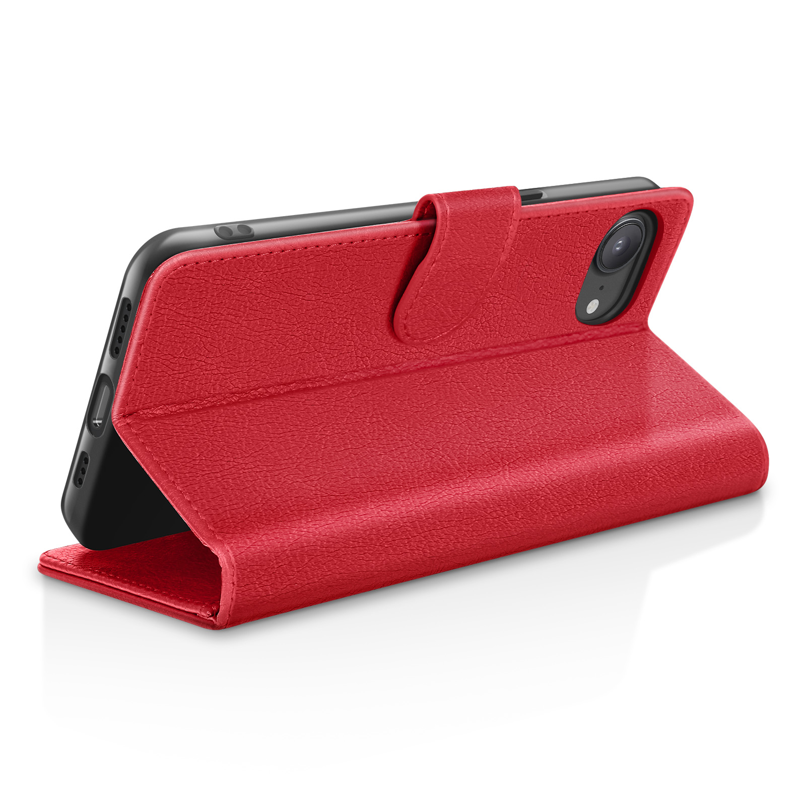 Un étui rouge à rabat pour téléphone est ouvert, révélant et protégeant un smartphone.