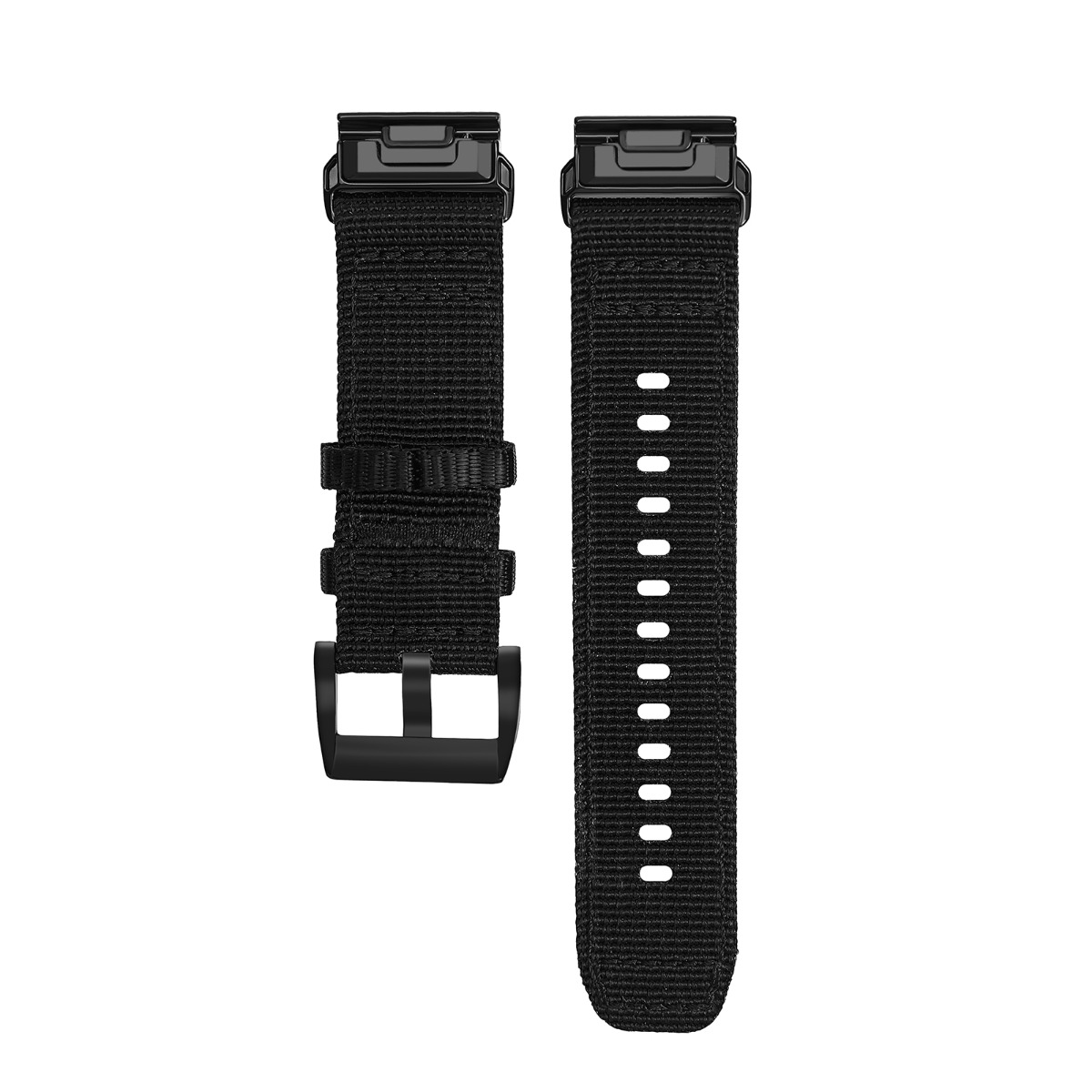 Schwarzes Uhrenarmband aus Stoff mit schwarzer Metallschnalle und Dornschließe.