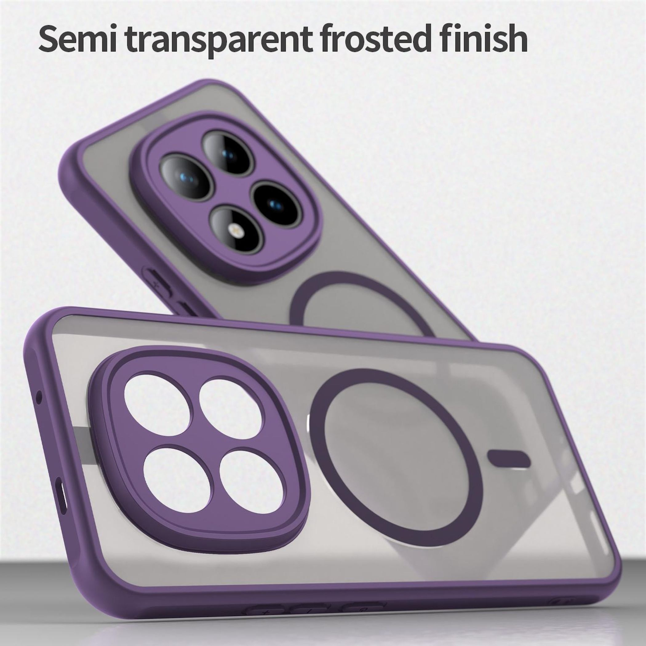 Lila Handyhüllen mit transparentem Frosted Finish und Kameraausschnitt.