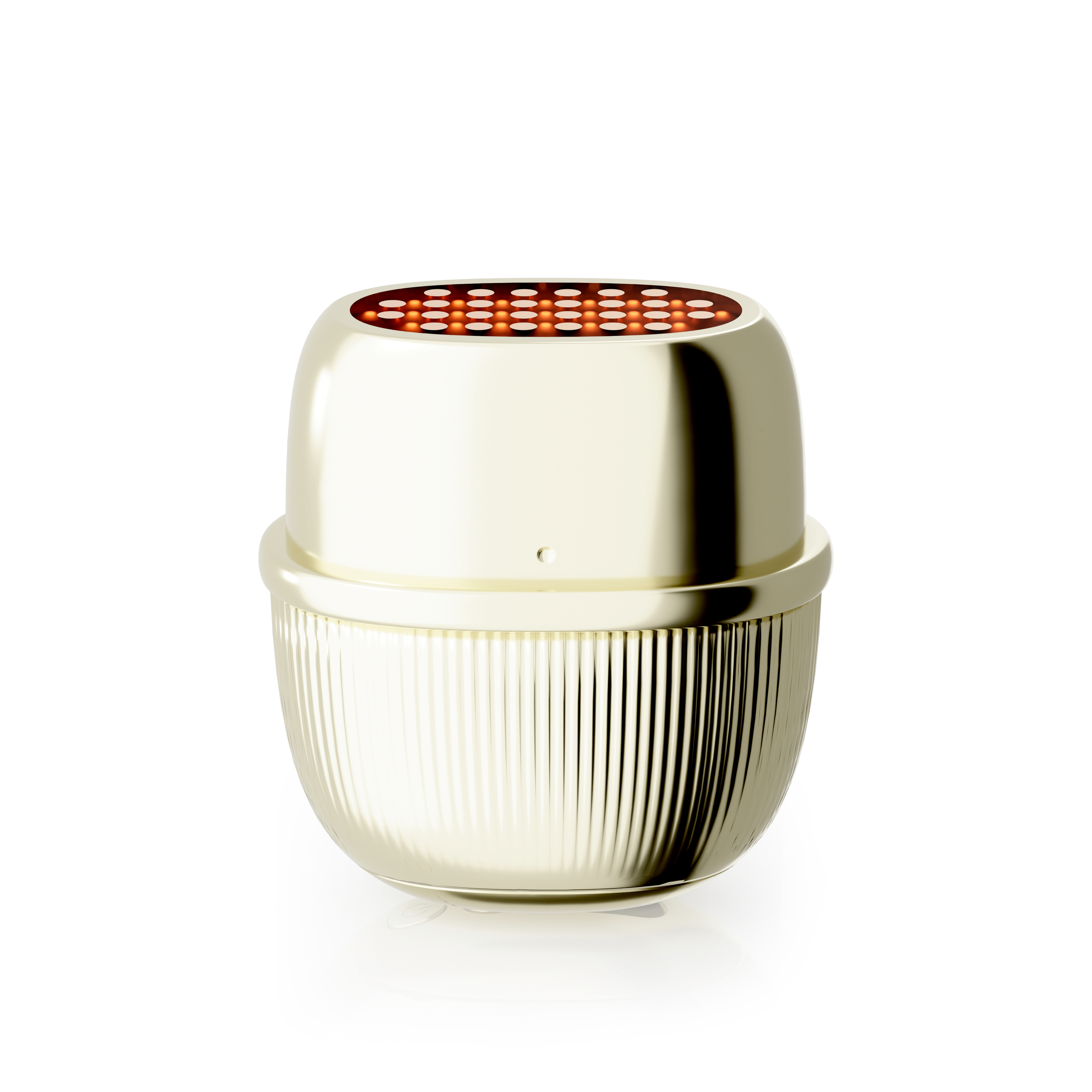 Un recipiente dorado con base acanalada y tapa con muchas luces pequeñas.