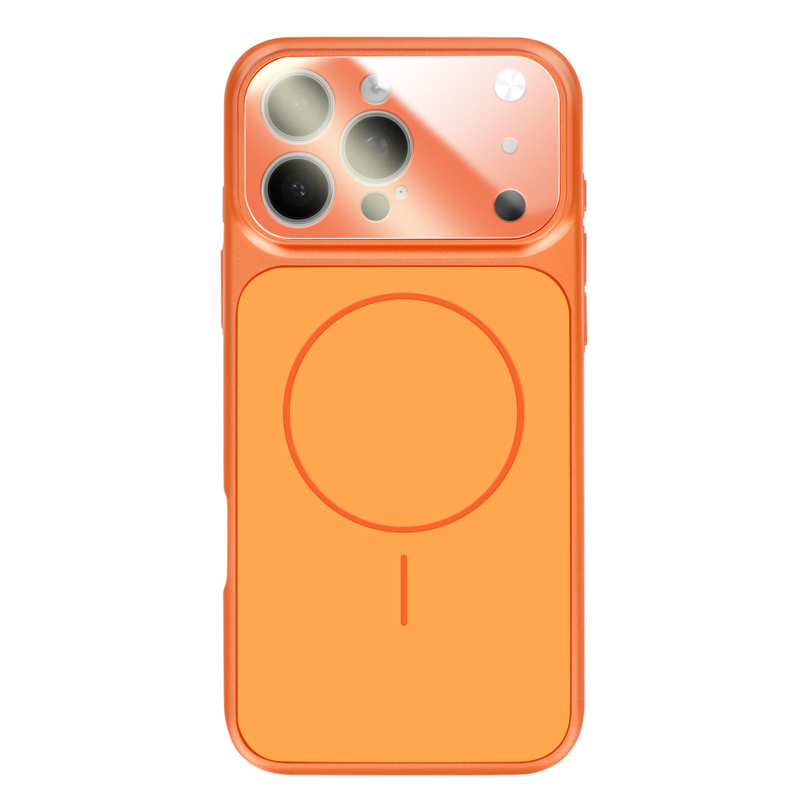 Oranje telefoonhoes met camera-uitsparing en magneetring.