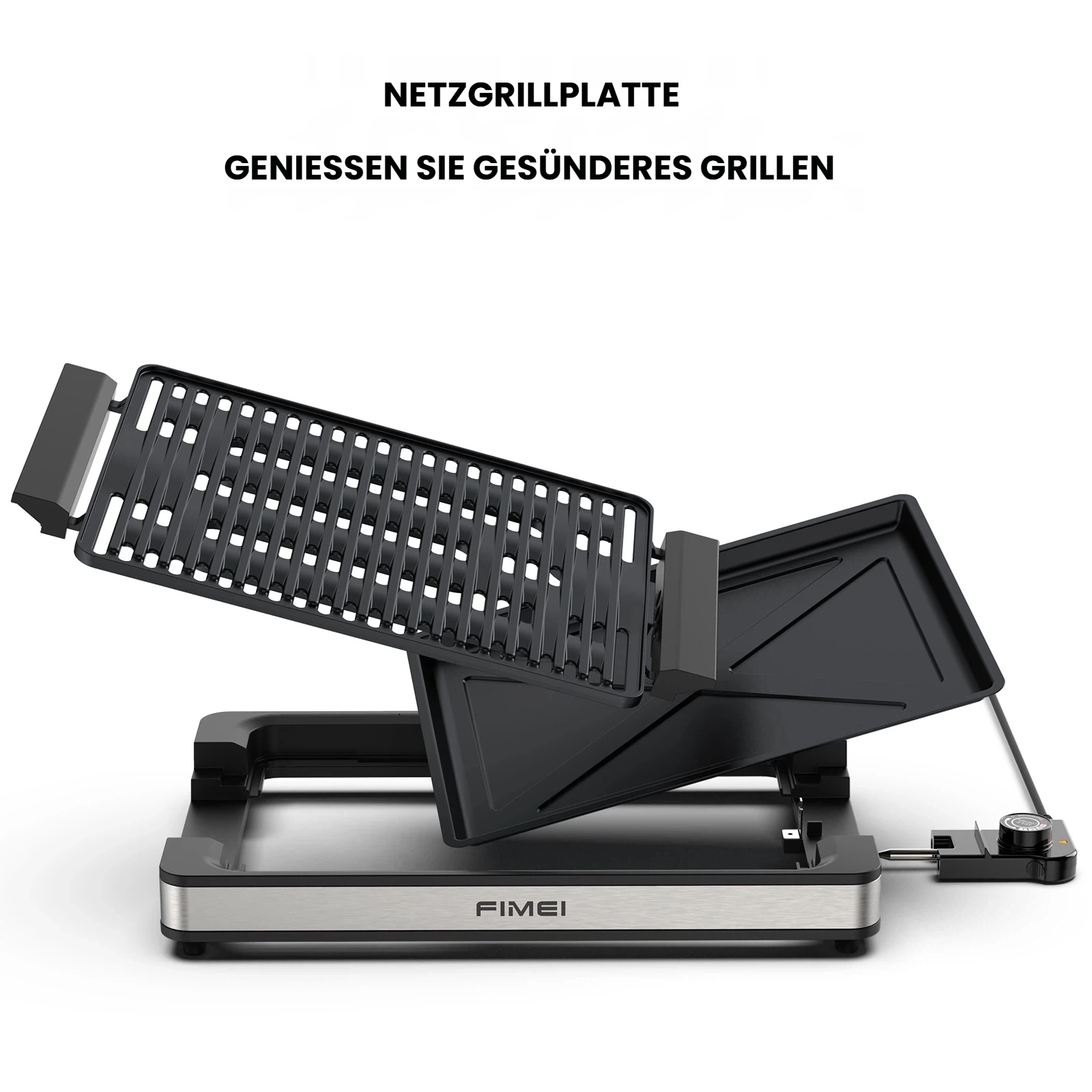 Ein schwarzer Grill mit einer gerillten Platte und einer Auffangschale.