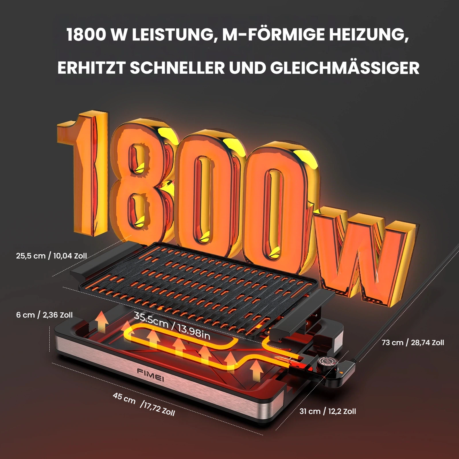 1800W Grill mit M-förmiger Heizung, Maße 45x31x6cm. Schnelles, gleichmäßiges Erhitzen.