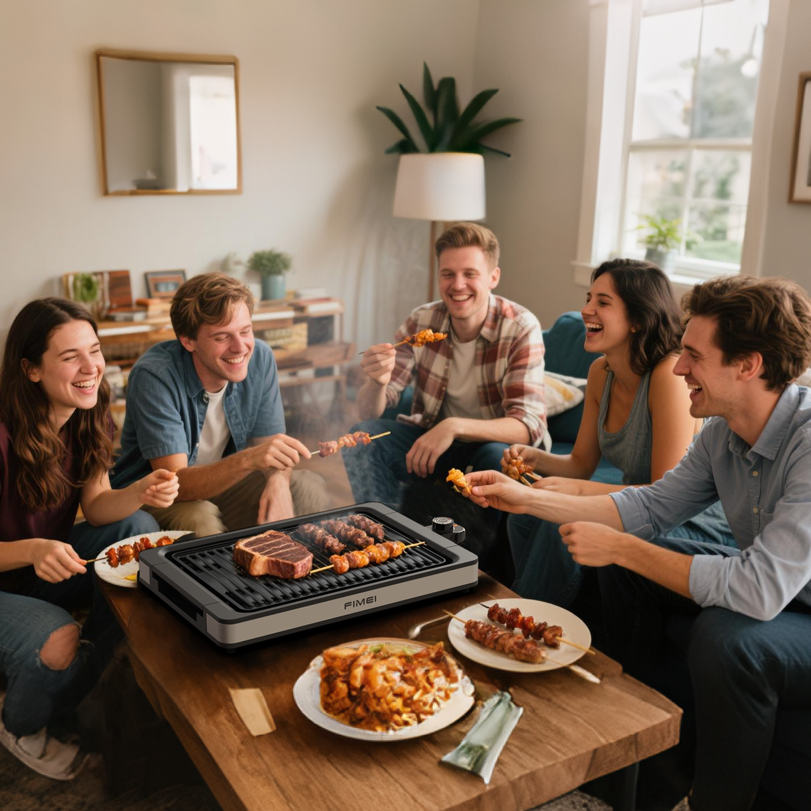 Fünf lachende Freunde grillen drinnen. Fleisch und Spieße auf dem Tisch.