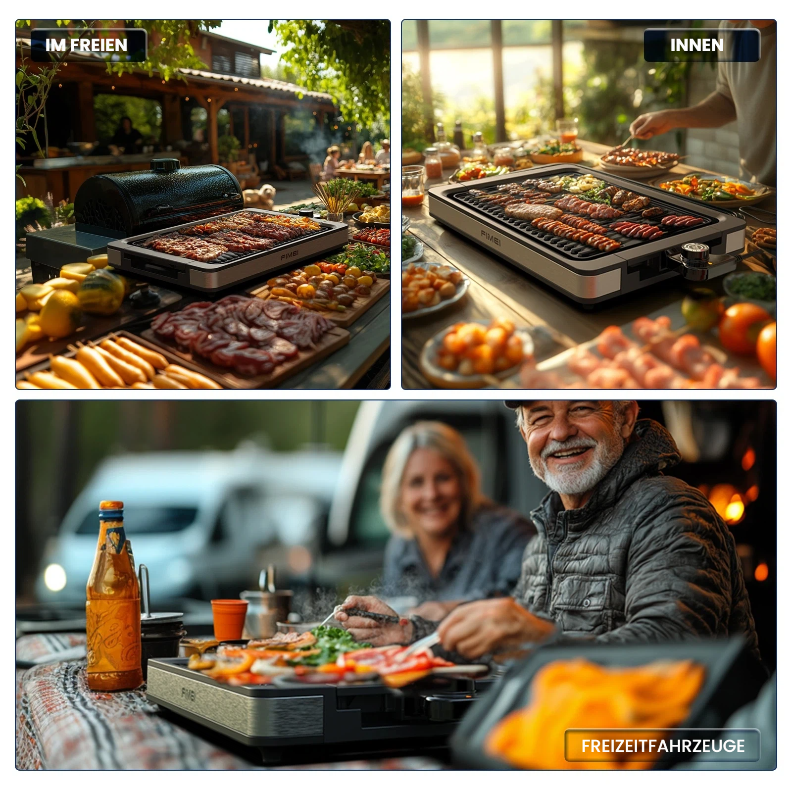 Drei Bilder zeigen Grillen im Freien, drinnen und mit Wohnmobilen.