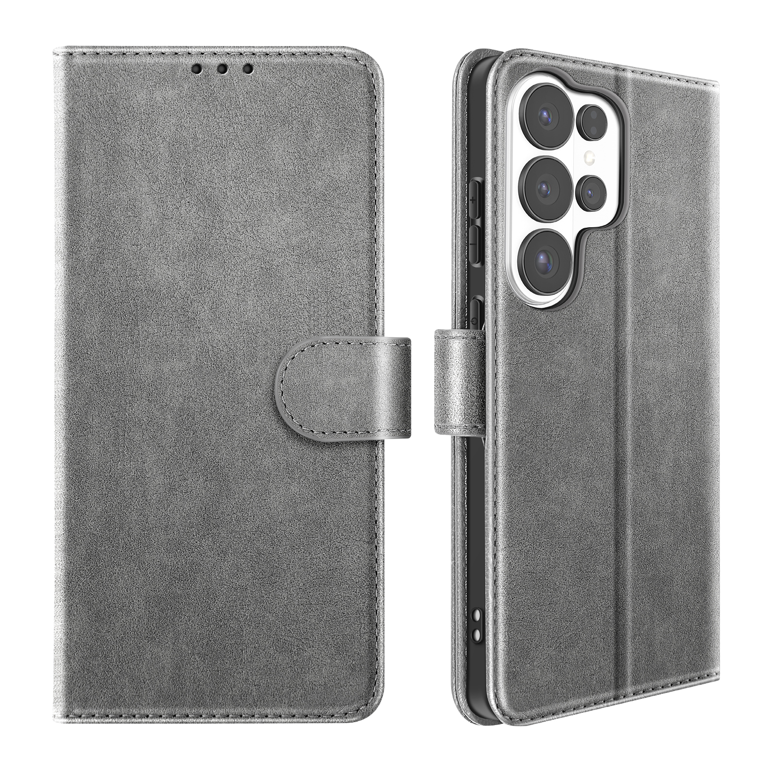 Graues Handy-Flip-Case mit Kameraschutz und Magnetverschluss.