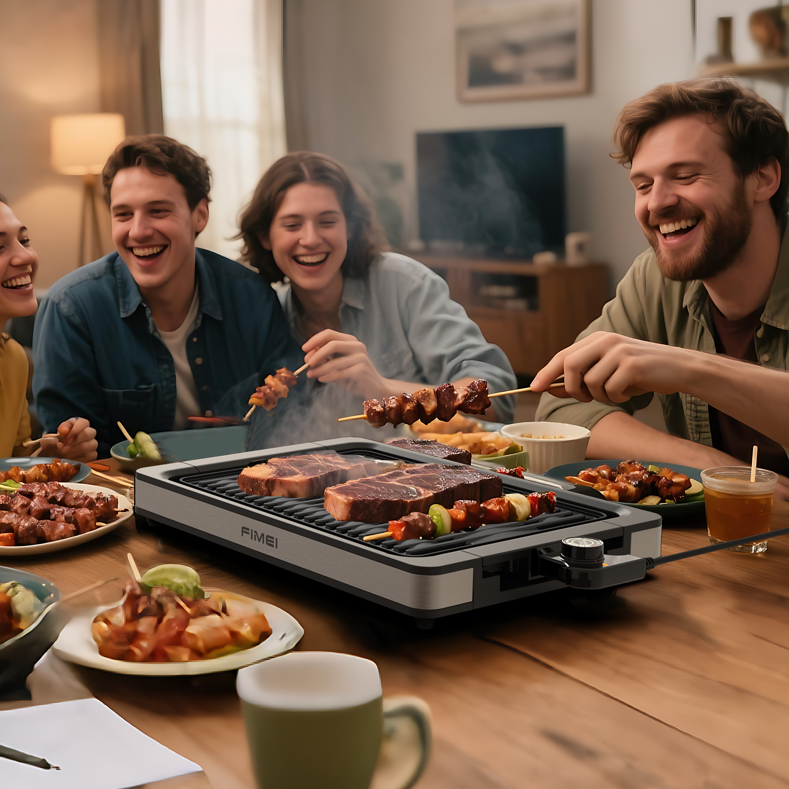 Freunde grillen Steaks und Spieße auf einem Tischgrill. Lachende Gesichter im Vordergrund.