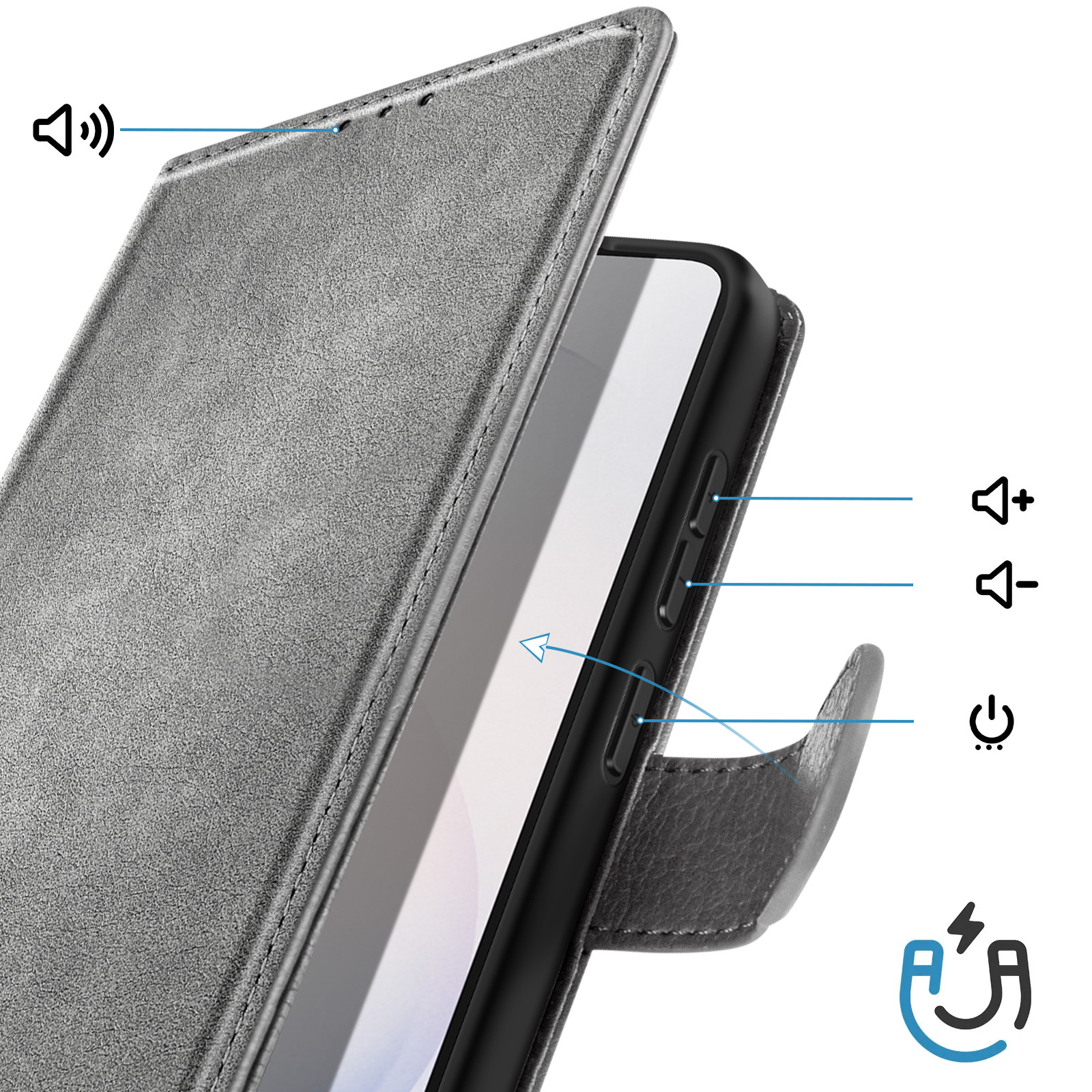 Graues Handycover mit Lautstärke- und Power-Tasten. Magnetverschluss.