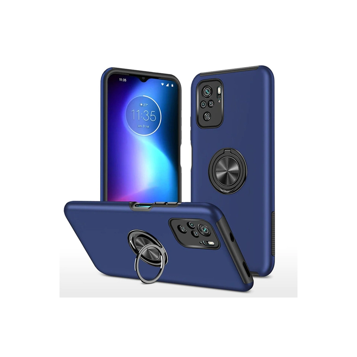 Halka tutuculu üç lacivert telefon kılıfı, biri ekranı gösteriyor.