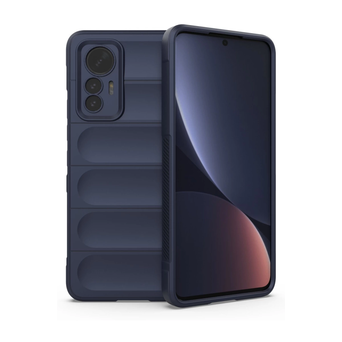 Koyu mavi telefon, arkasında kameralar ve çıkıntılar bulunur.