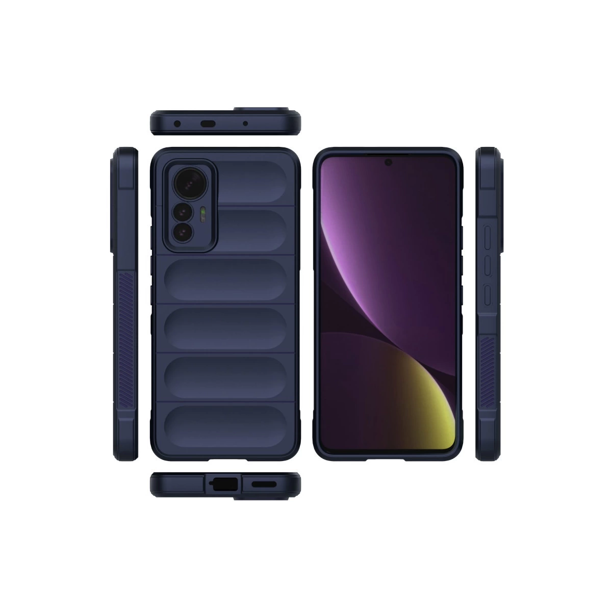 Kanallı dokuya sahip lacivert telefon kılıfı, her açıdan gösteriliyor.