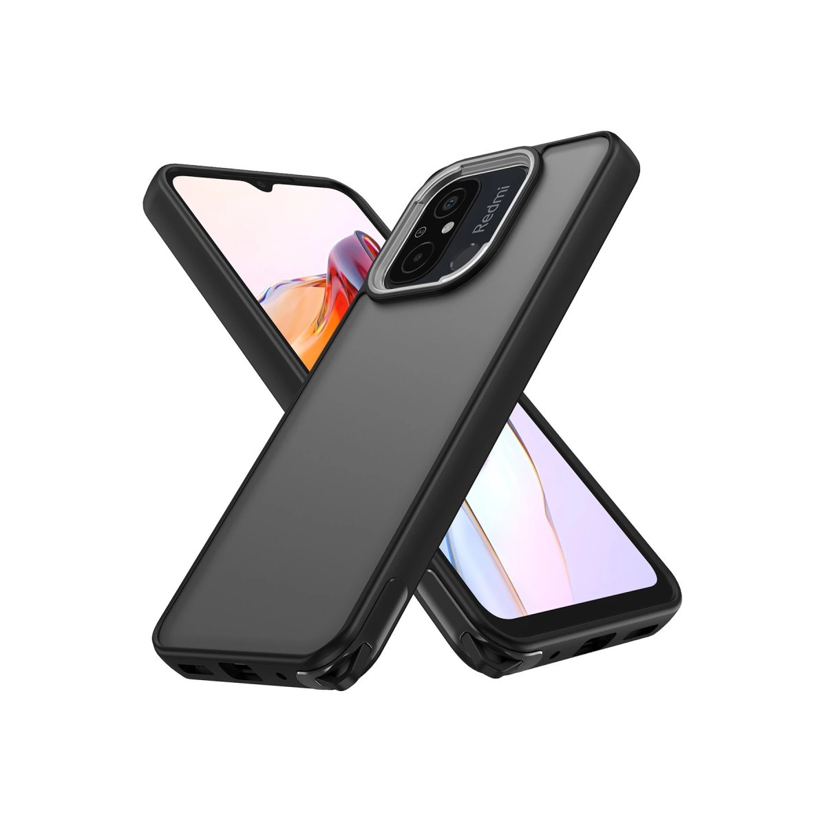 Kameralı iki siyah telefon kılıfı, beyaz zeminde.