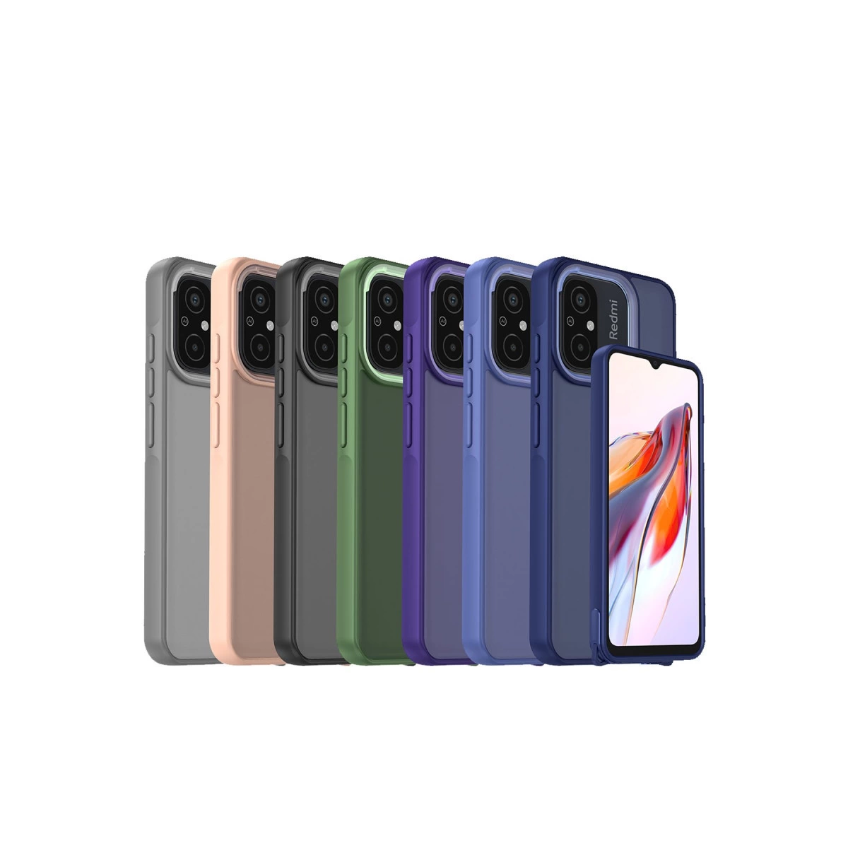 Yan yana dizilmiş yedi farklı renkli telefon kılıfı, biri akıllı telefonlu.