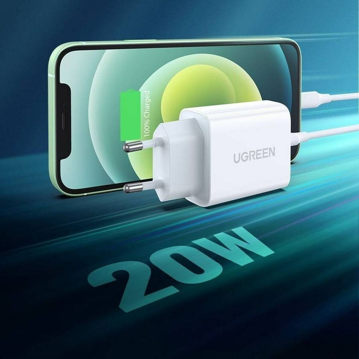 Biała ładowarka UGREEN ładuje jasnozielony smartfon do 100%.