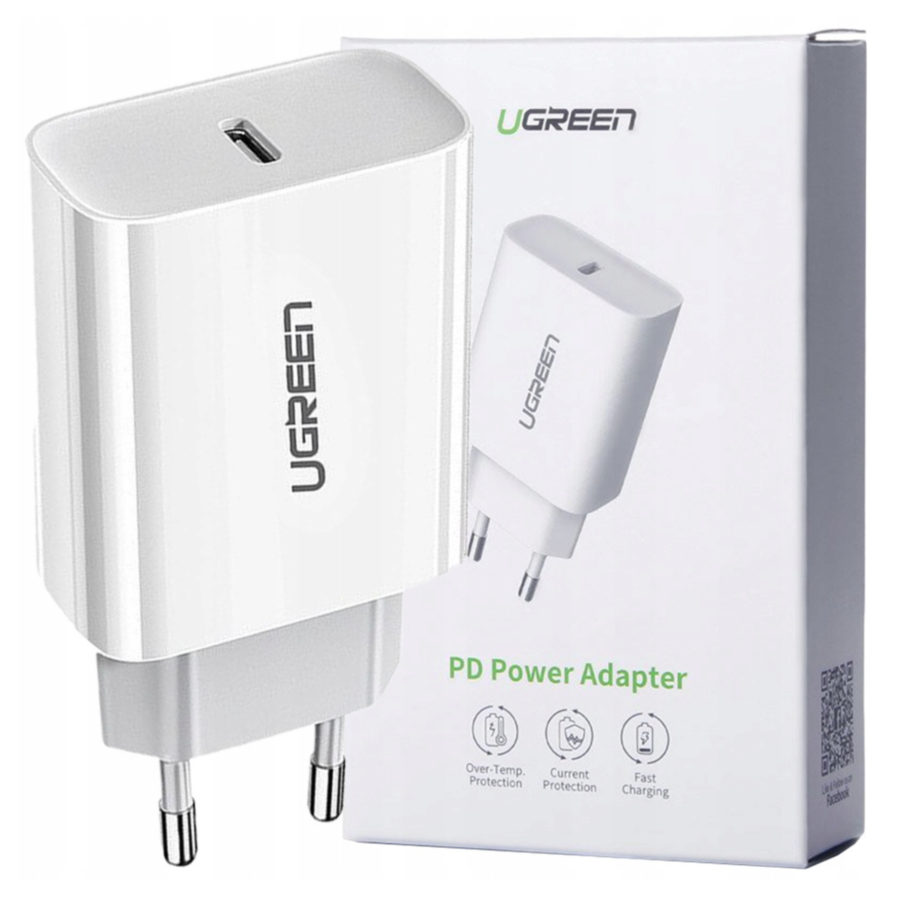 Biały adapter zasilający UGREEN PD z portem USB-C i opakowaniem.