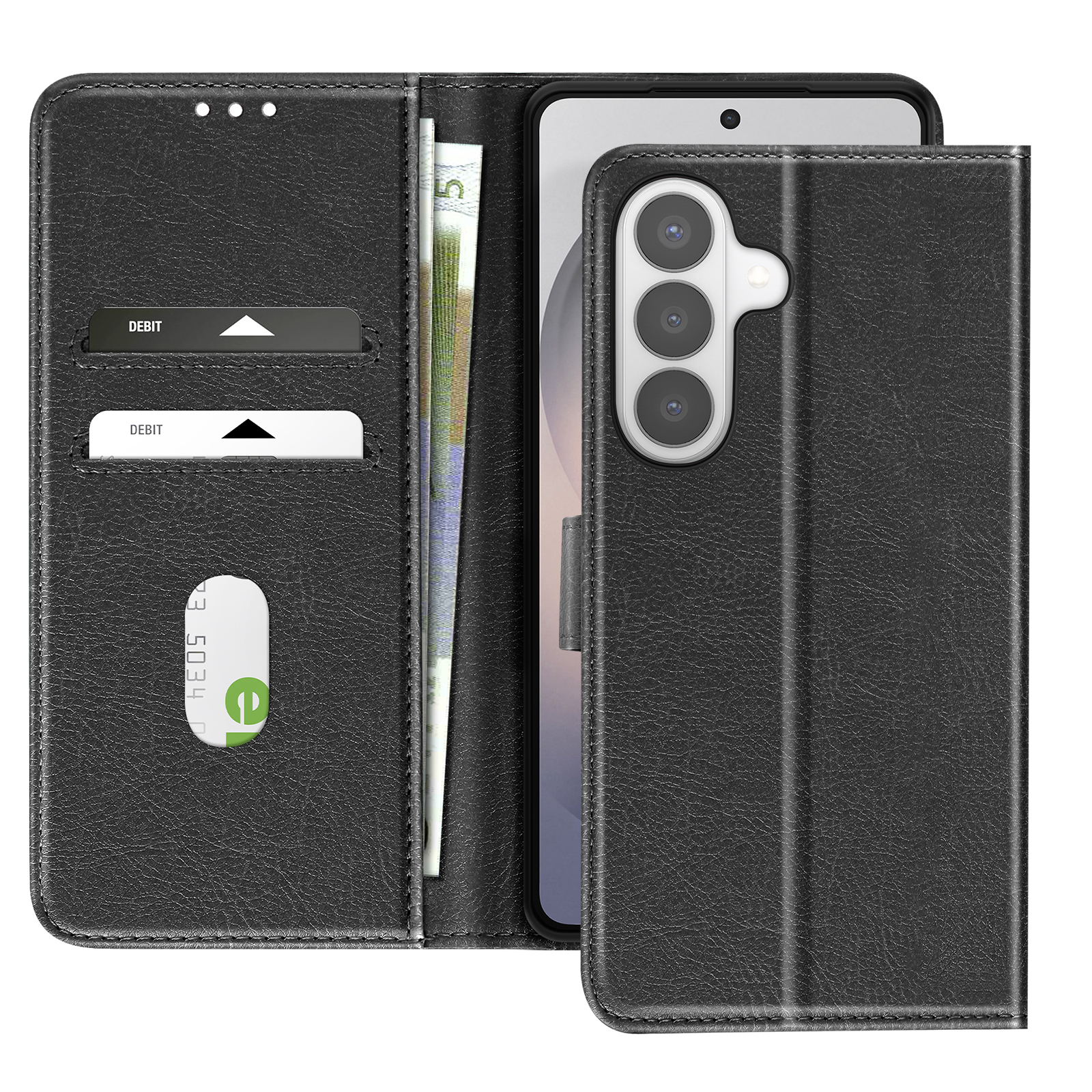 Custodia a portafoglio in pelle nera con telefono, carte e banconote euro.