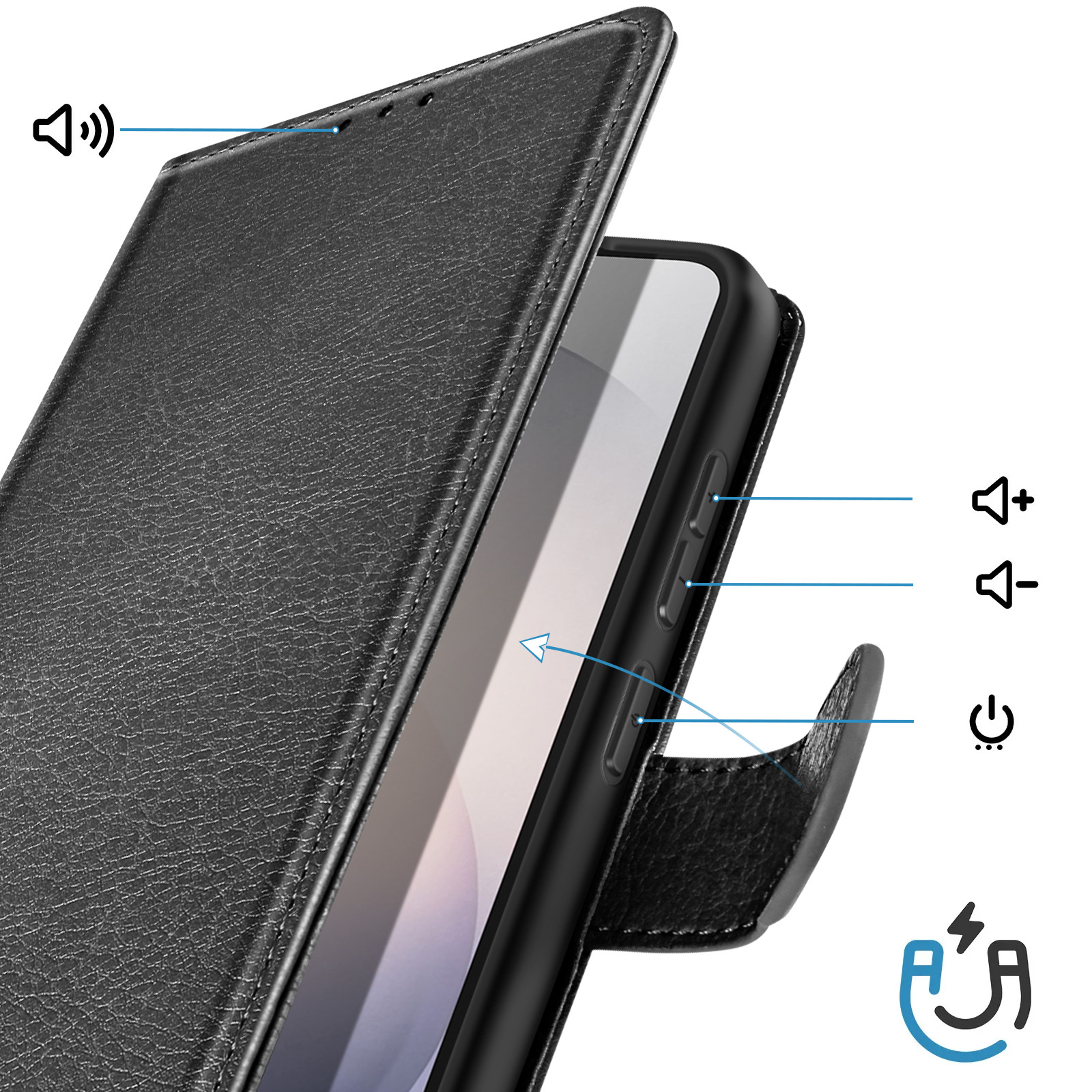Telefono nero con cover aperta, mostra pulsanti e icone per volume, accensione e magnete.