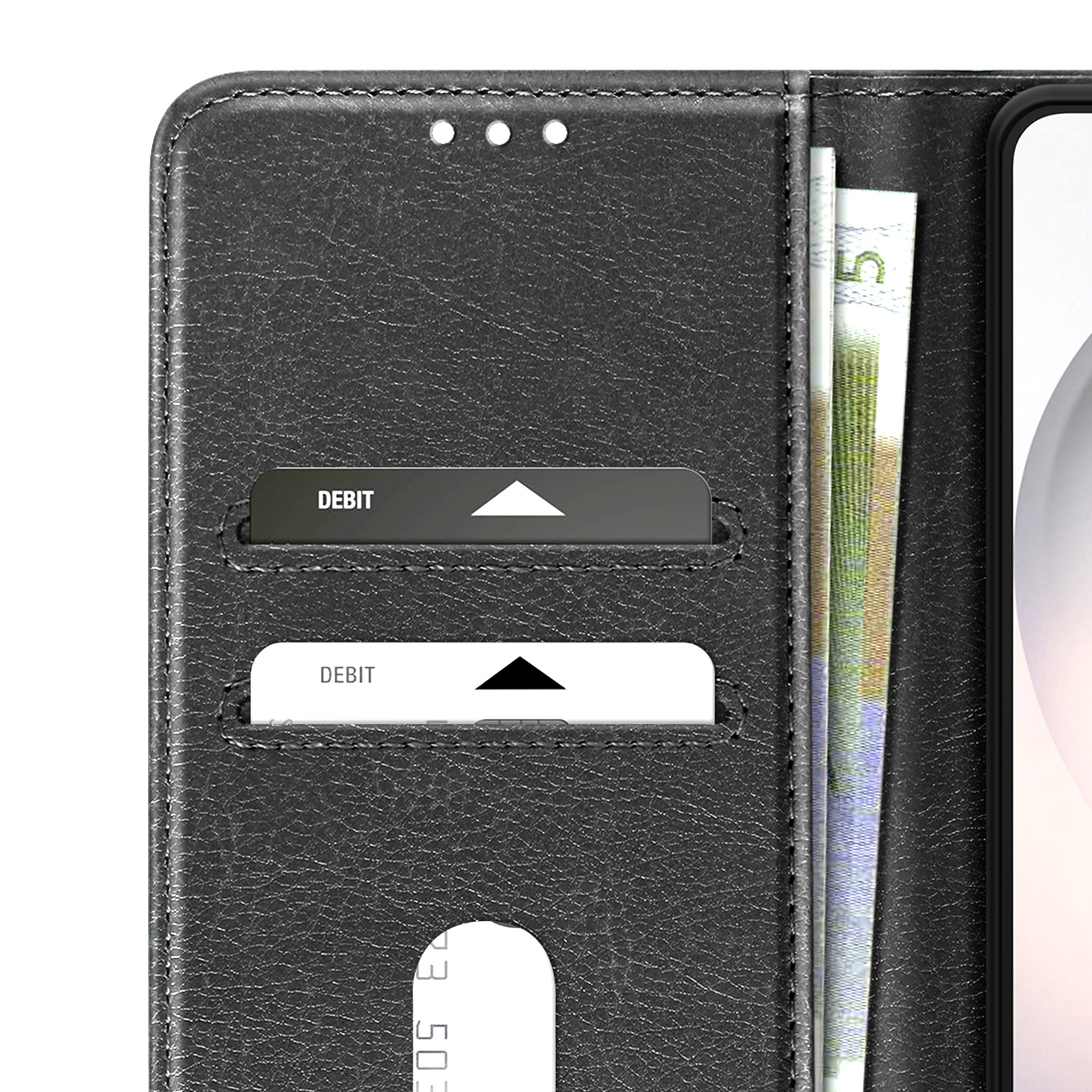 Portafoglio nero con due fessure per carte e banconote.