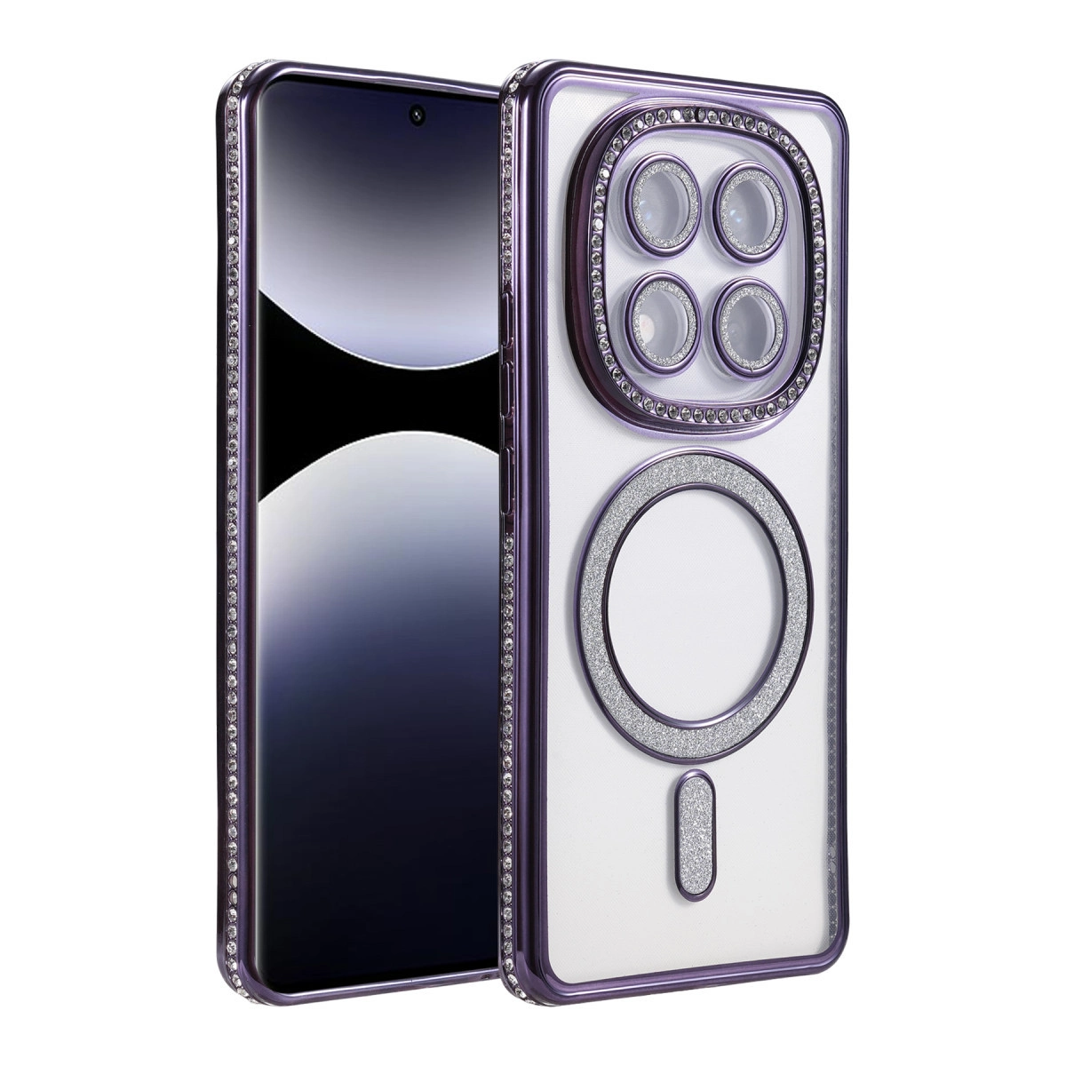 Mor iPhone kılıfı, taşlar ve dört kamera lensli.