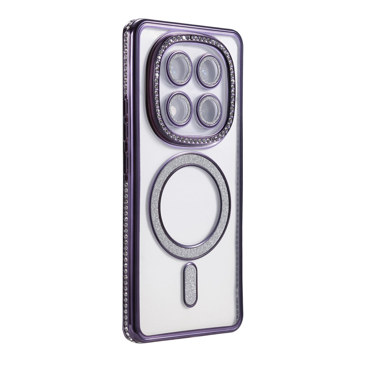 Parlak kamera lensleri ve manyetik halkalı mor telefon kılıfı.