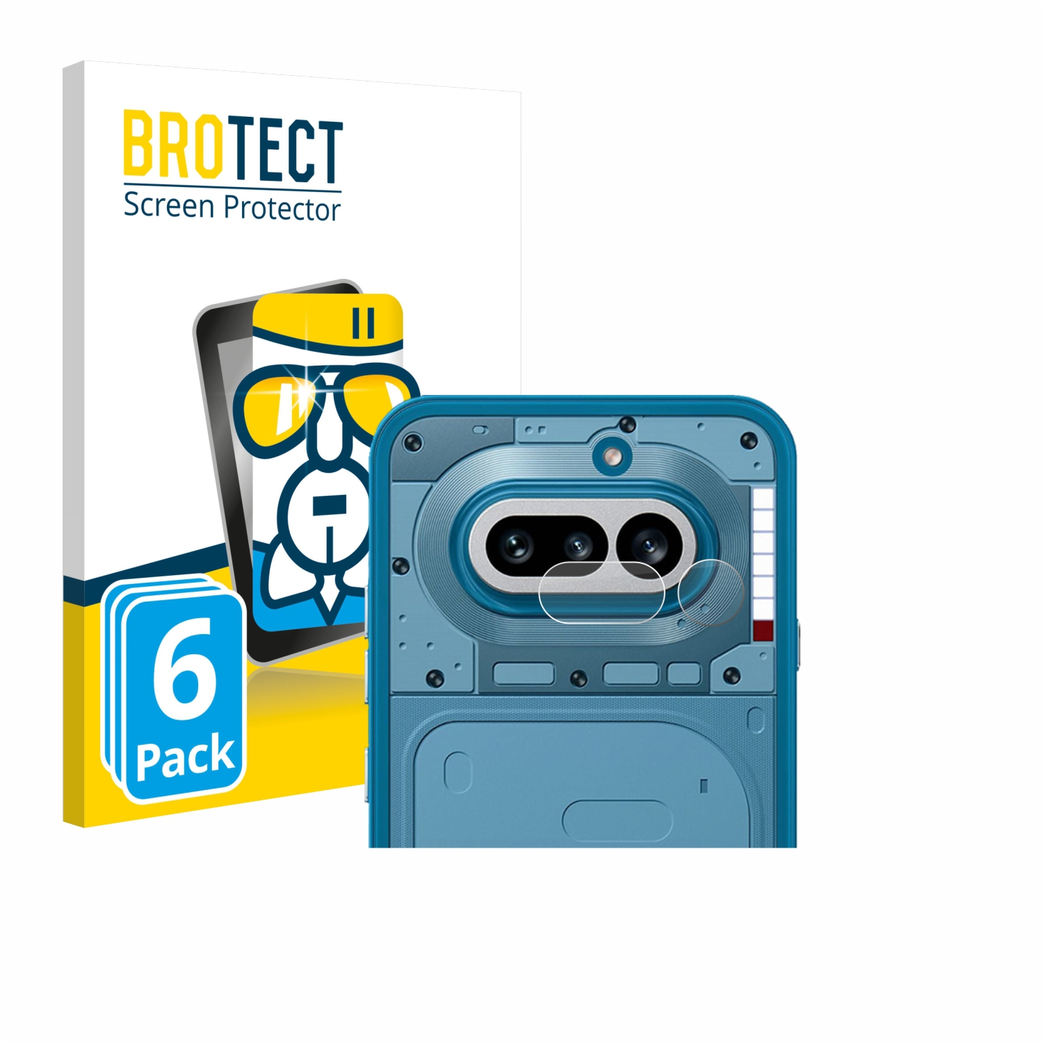 Packung mit 6 Displayschutzfolien mit Handy-Rückseite und Kameras.