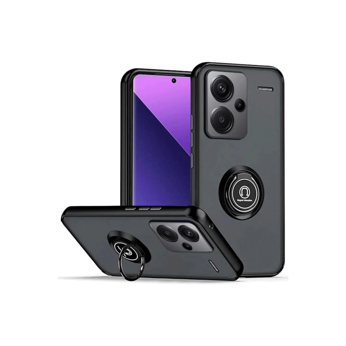 Beyaz arka plan üzerinde halka tutuculu üç siyah telefon kılıfı.