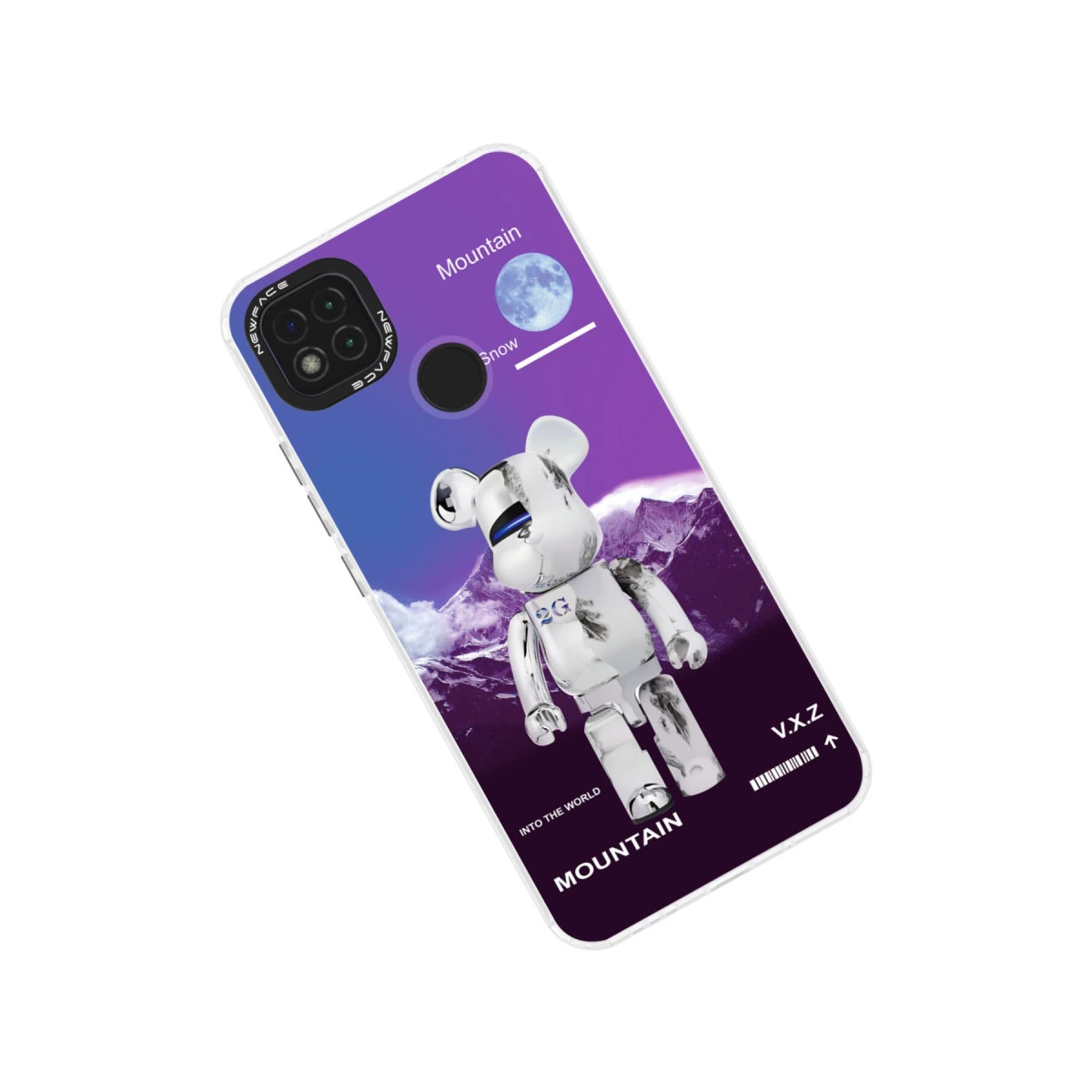 Dağ ve ay tasarımlı telefon kılıfında beyaz robot figürü.