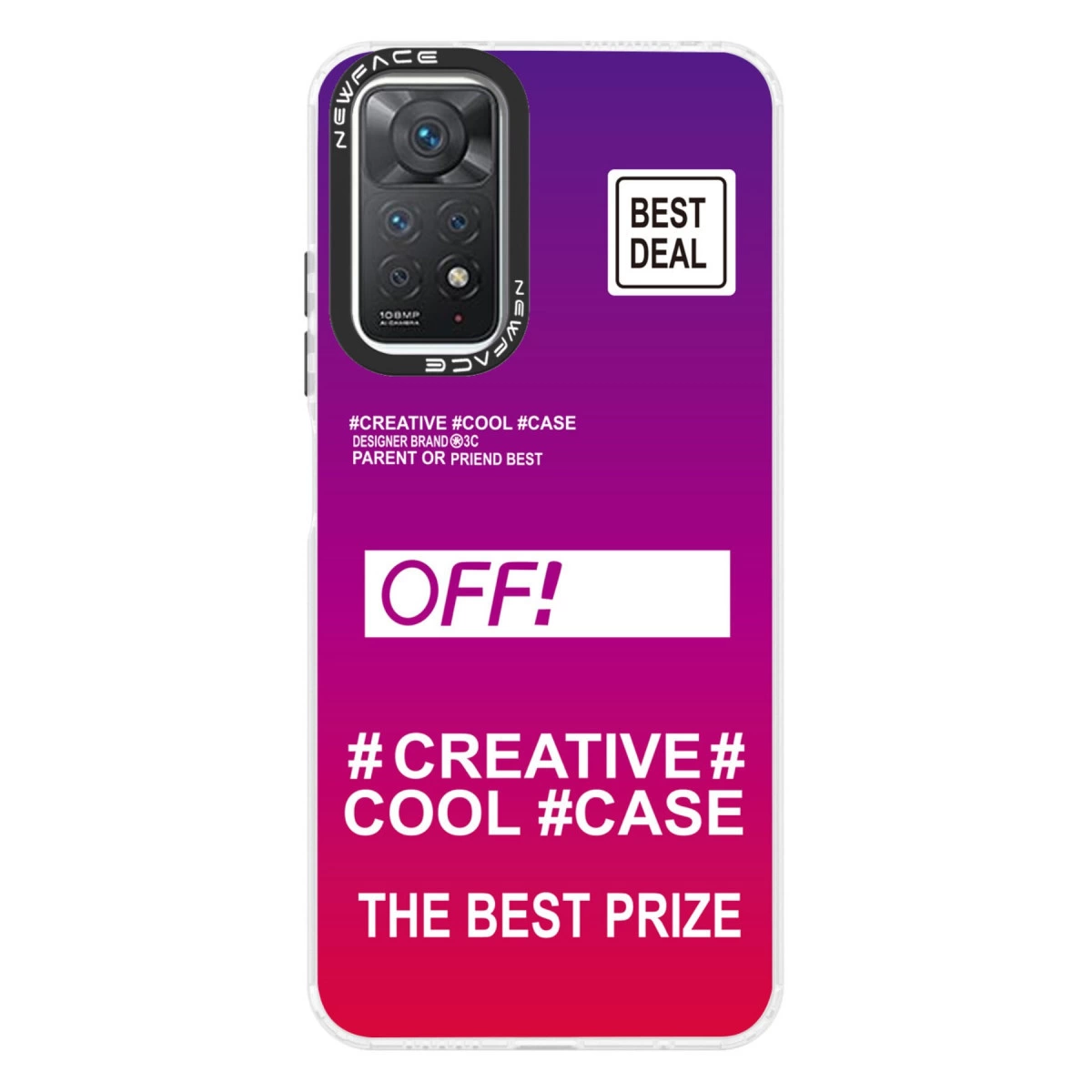 Kamera ve metinli mor-kırmızı telefon kılıfı: BEST DEAL, OFF!, #CREATIVE, THE BEST PRIZE
