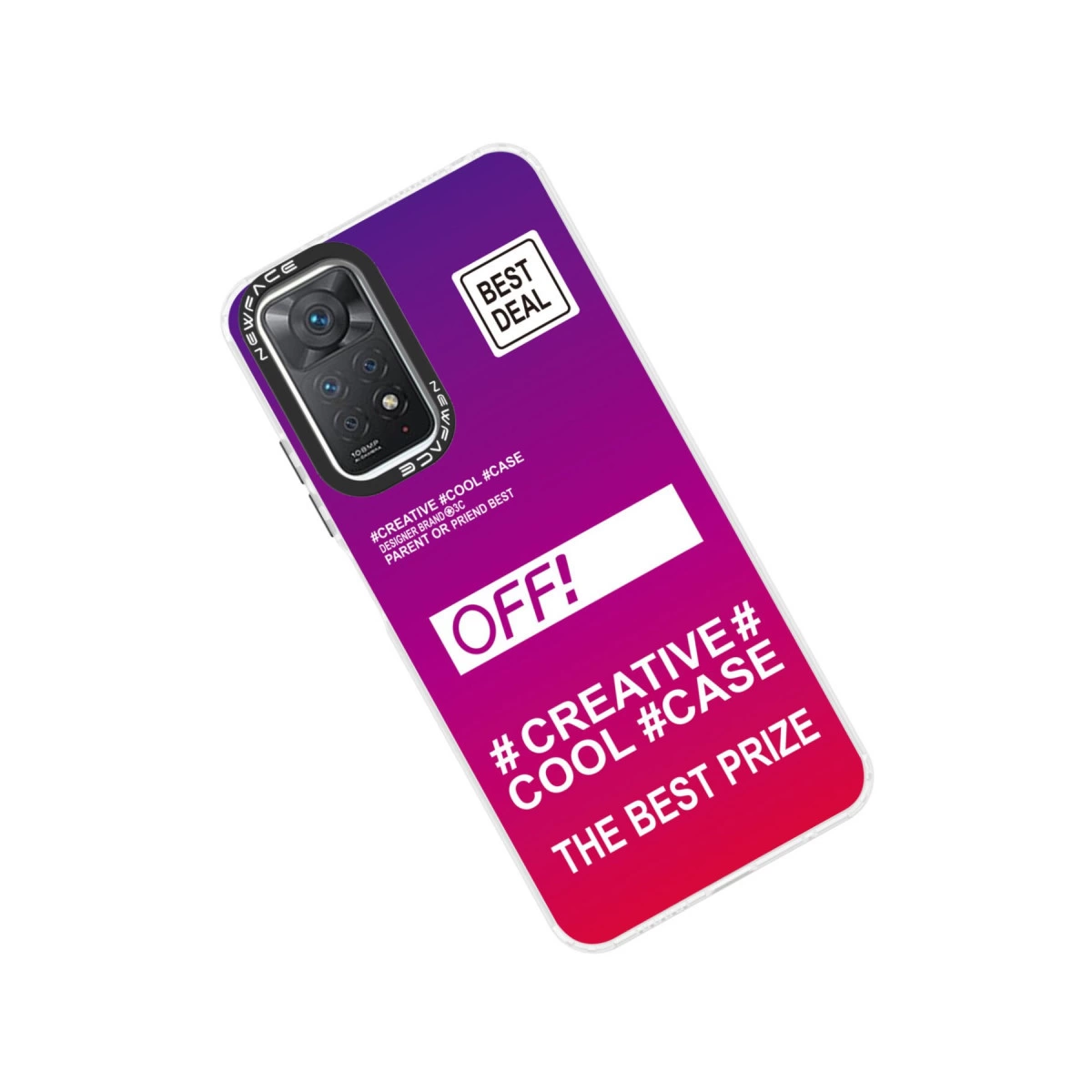 Mor-pembe geçişli telefon kılıfı, kamera, 'BEST DEAL' ve 'OFF!' yazılı.