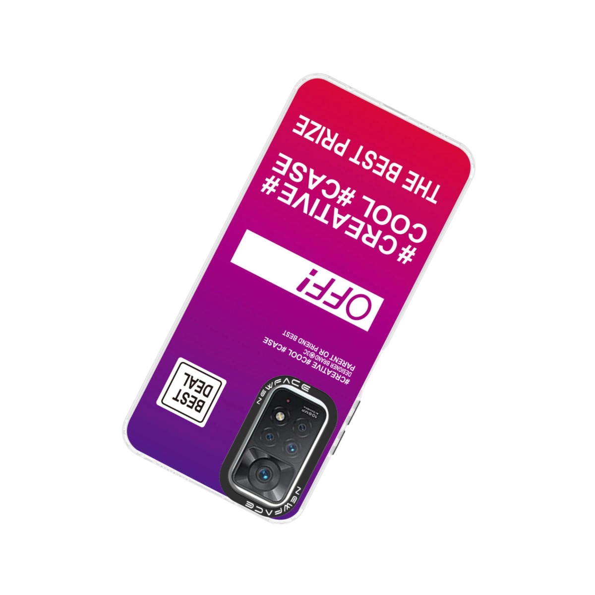 Mor ve pembe degrade telefon kılıfı. Metin: '#CREATIVE #COOL #CASE'.