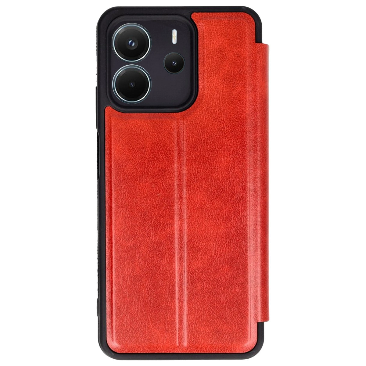 Dikey dikişli ve görünür kamera dizilimli kırmızı telefon kılıfı.