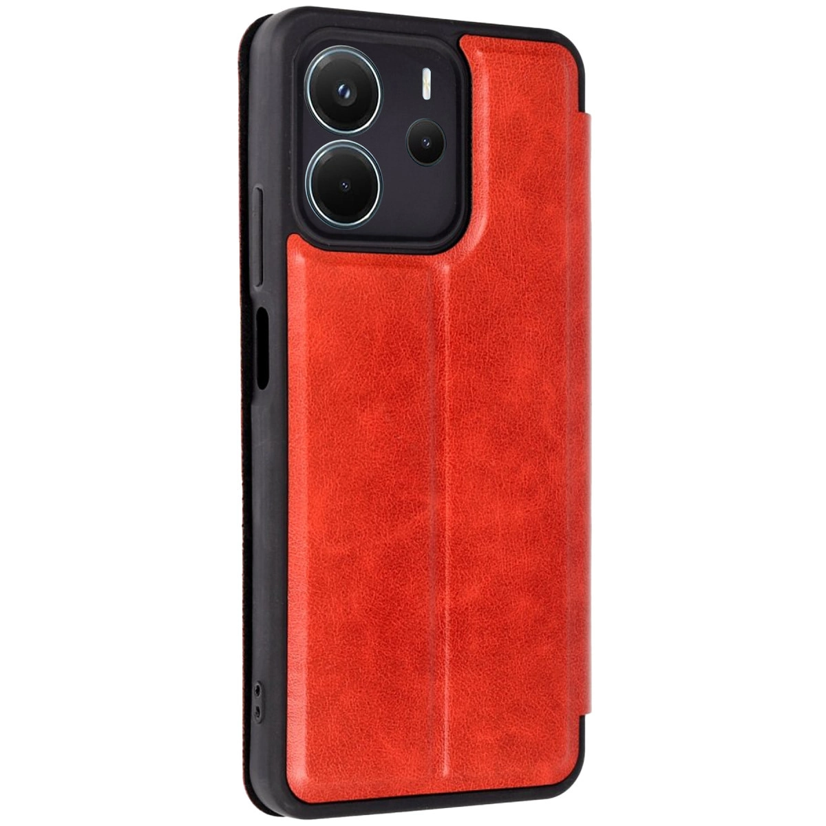 Arkada çift kamerası olan akıllı telefon için kırmızı deri kılıf.